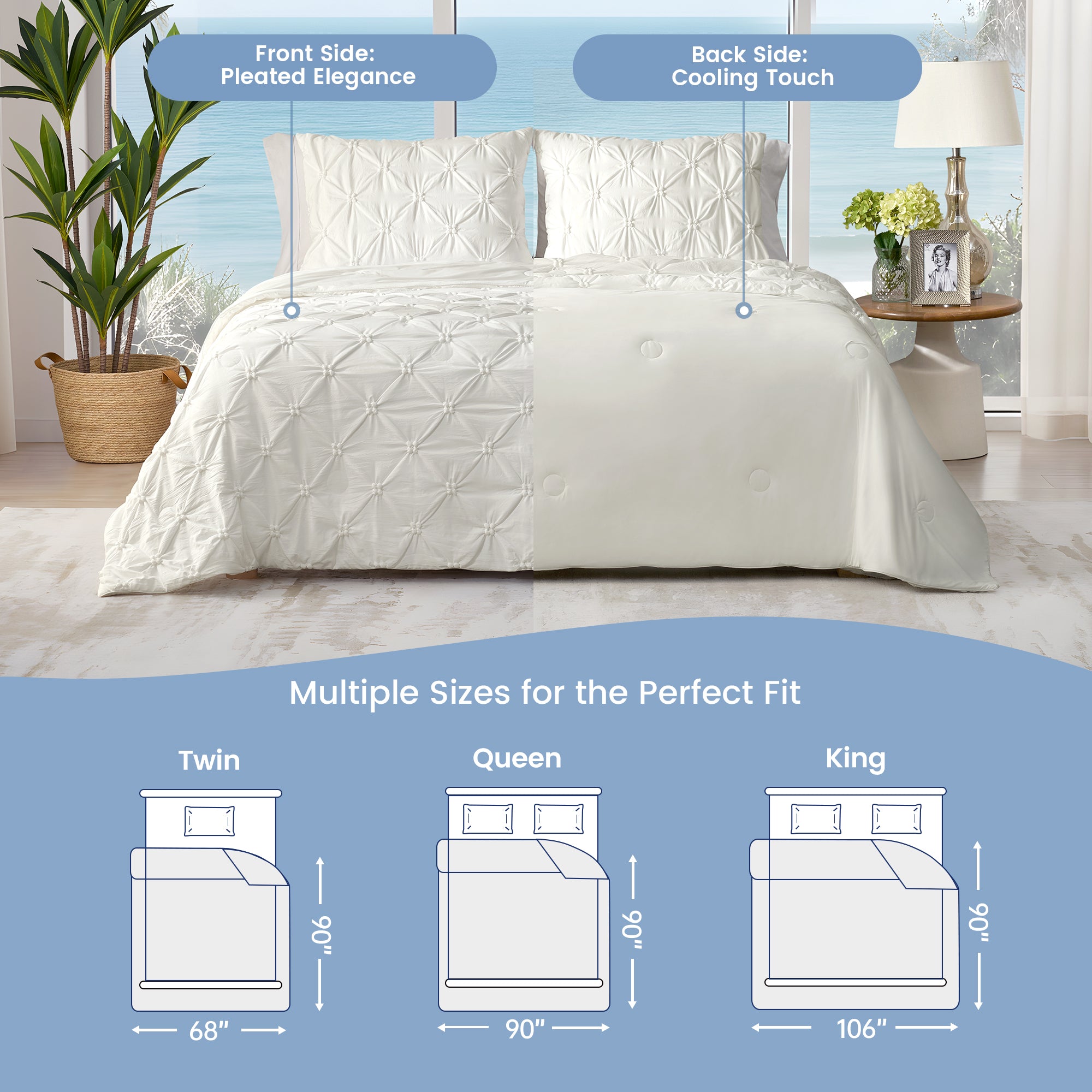 Bedding set with pleated front and cooling touch back, shown on a bed with measurements for Twin, Queen, and King sizes.#color_White