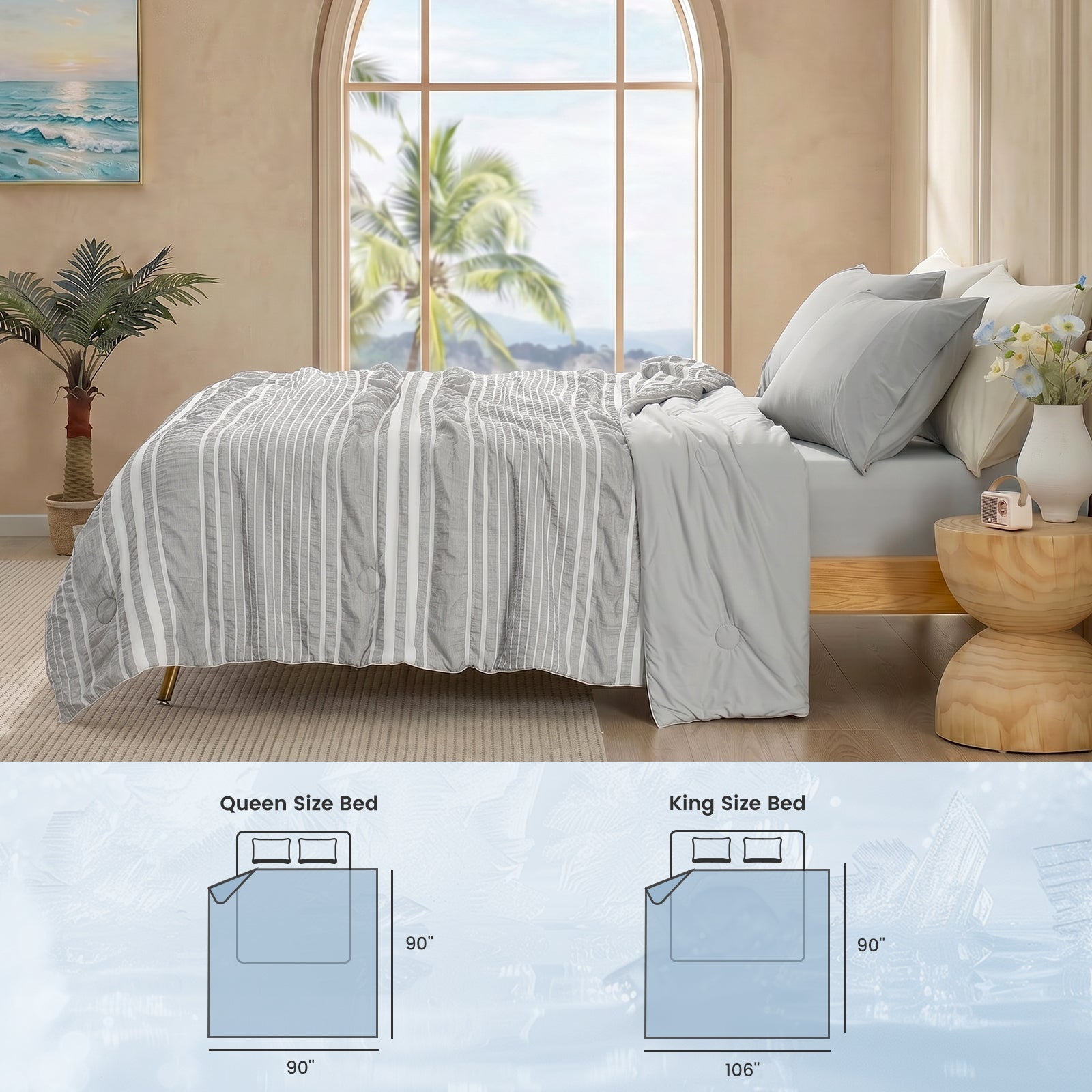 Snuggle Sac cooling comforter in Light Grey displayed with queen and king size reference #color_Light Grey