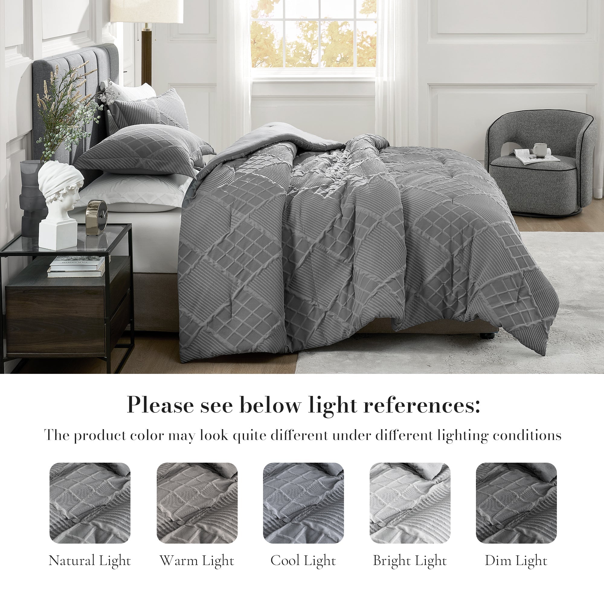 Snuggle Sac Cooling comforter set on the bed showing different lighting references#color_Dark Grey