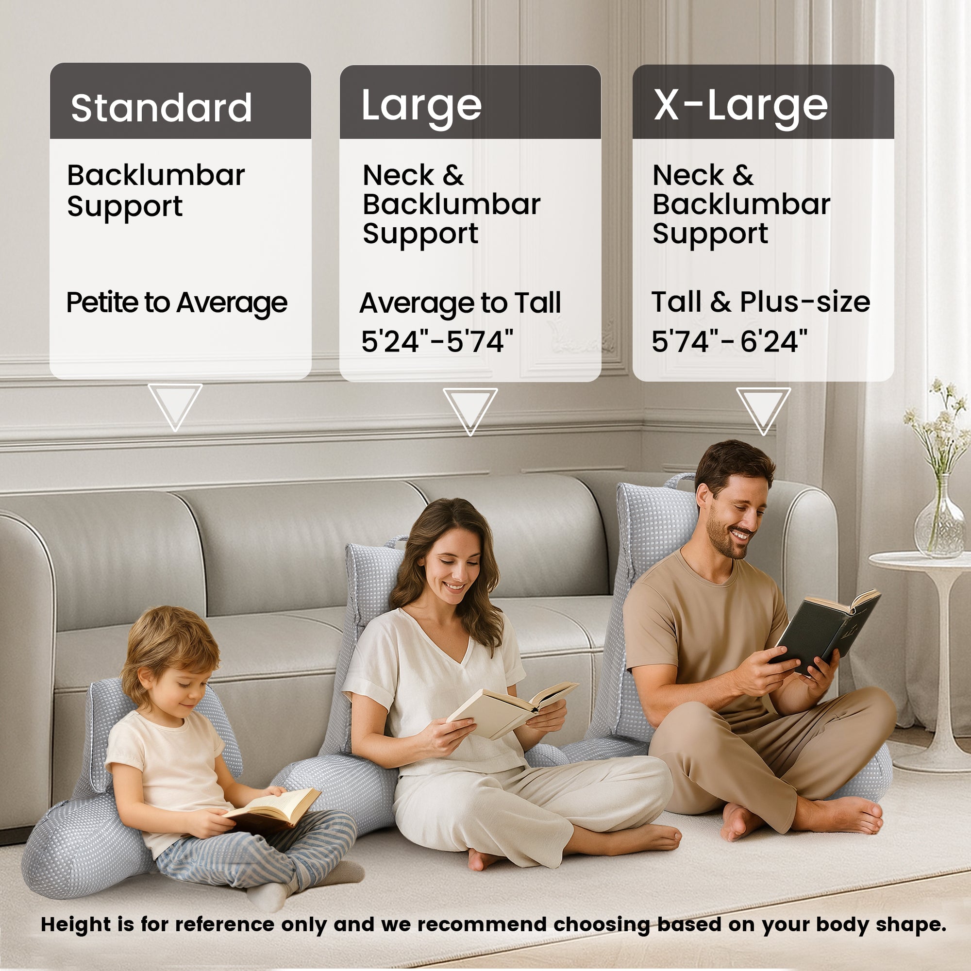 Family sitting on a couch with different size Snuggle Sac backrest pillow labeled 'Standard', 'Large', and 'X-Large' for back and lumbar support.