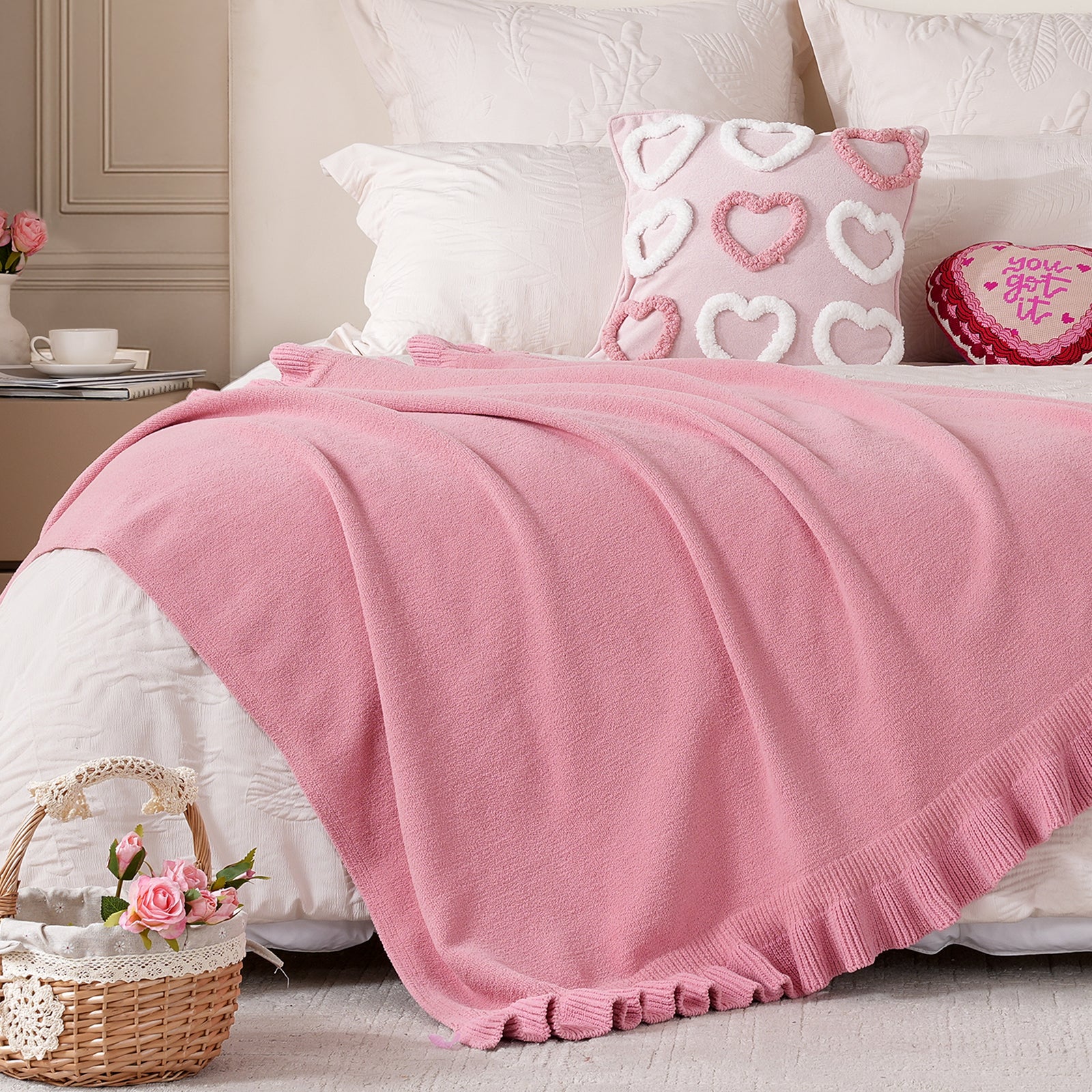 SnugCozy Valentine Pink Ruffle Chenille Knit Throw Blanket