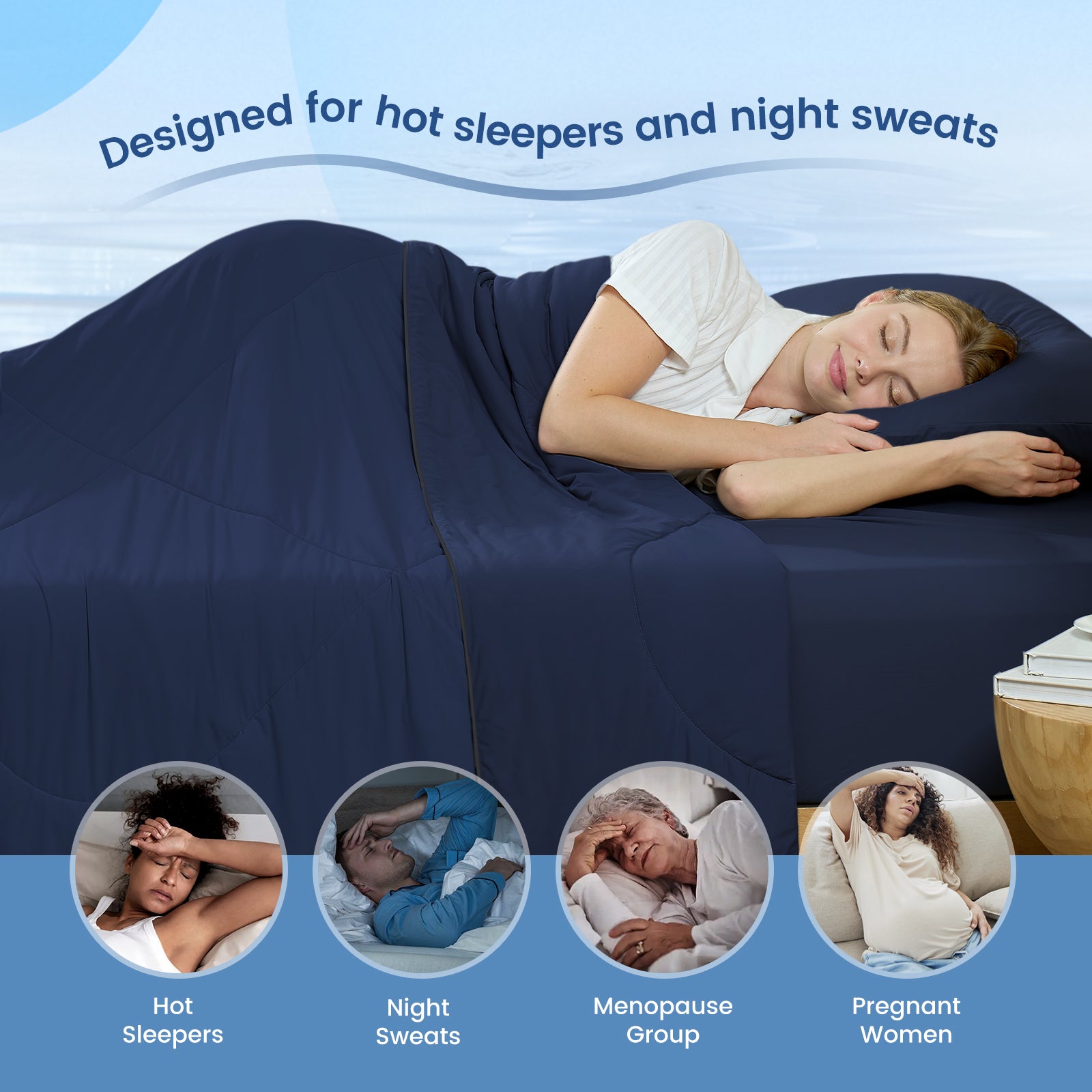 Women sleeping with Cozy Bliss cooling blanket, perfect for hot sleepers, night sweats, menopause group and pregnant women. #Color_Dark Blue