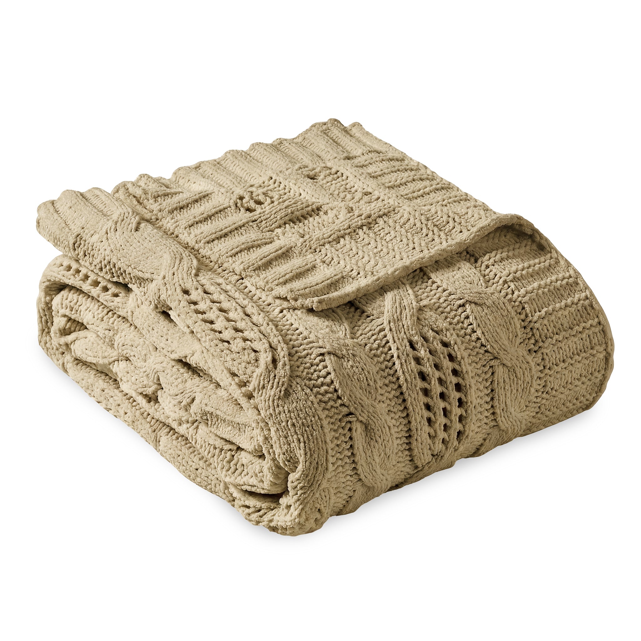 Snuggle Sac cable chenille knit throw blanket in Beige folded front view #color_Beige