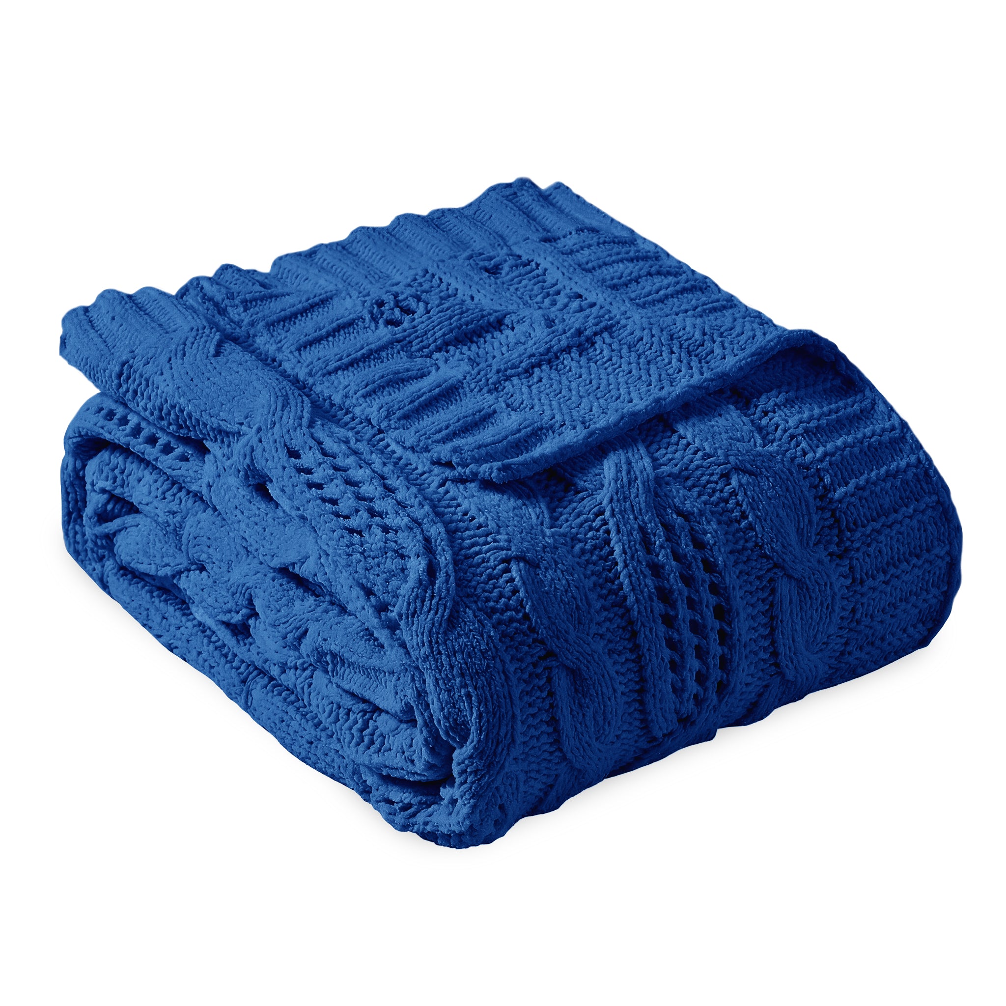 Snuggle Sac cable chenille knit throw blanket in Navy Blue folded front view #color_Navy Blue
