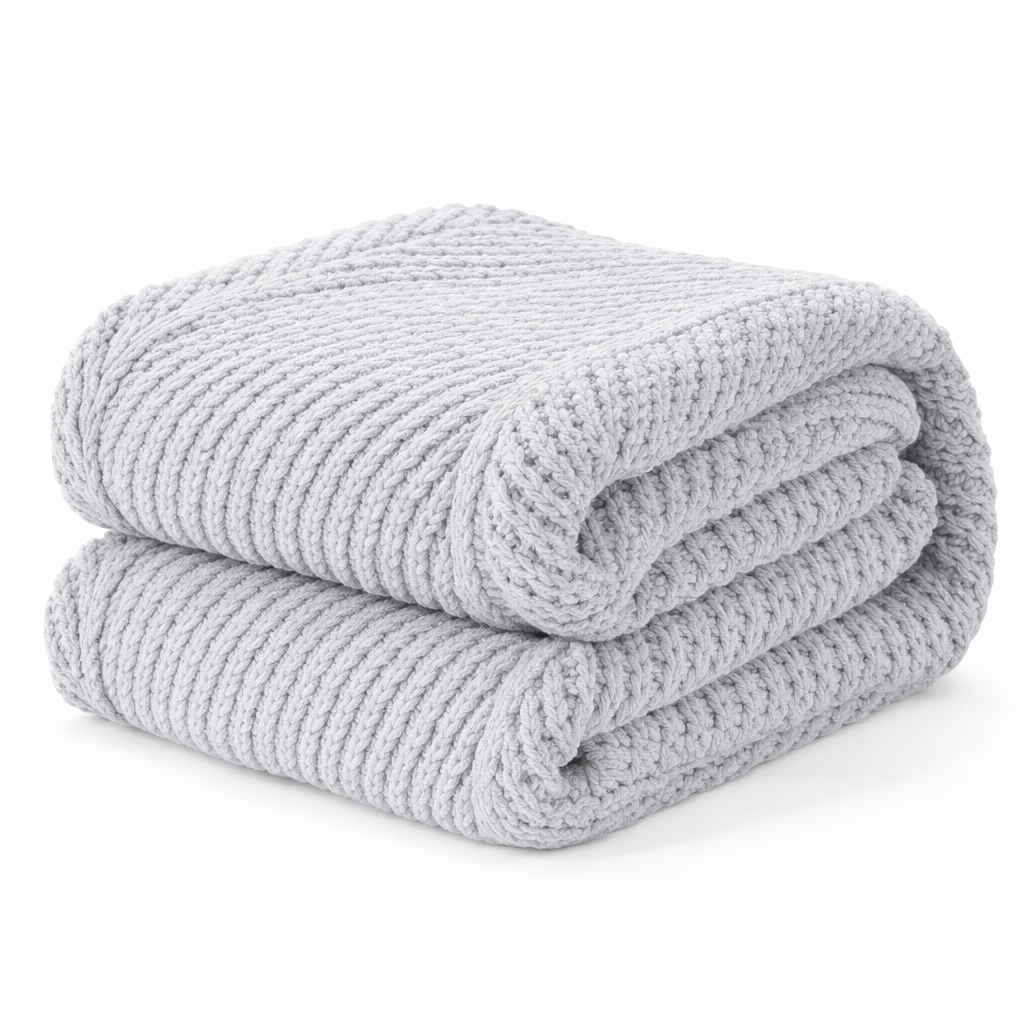 Snuggle Sac folded gray knit blanket on a white background #color_Light Grey