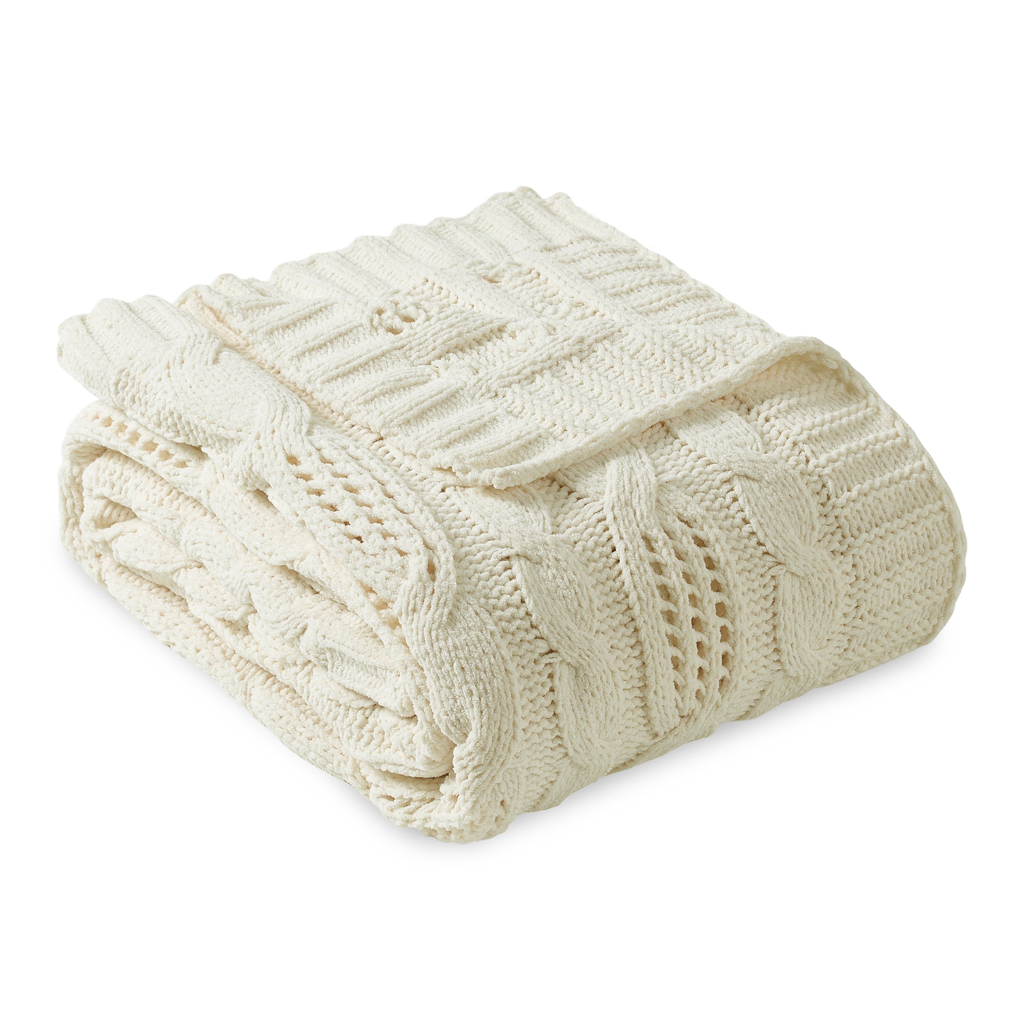 Snuggle Sac cable chenille knit throw blanket in Ivory folded front view #color_Ivory