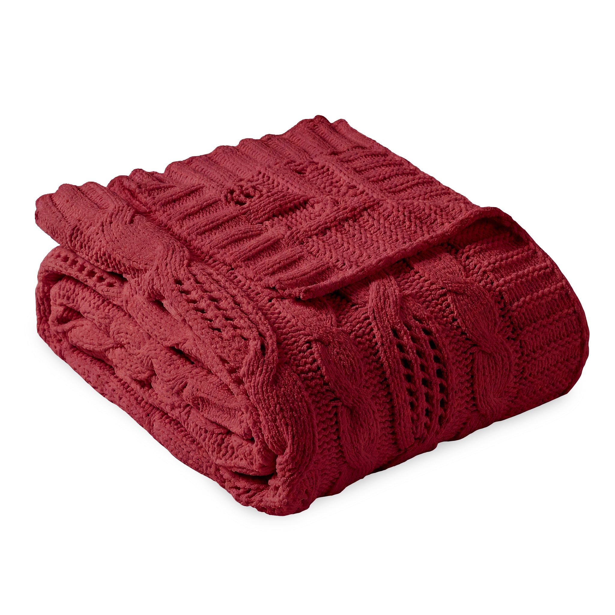 Snuggle Sac cable chenille knit throw blanket in Red folded front view #color_Red