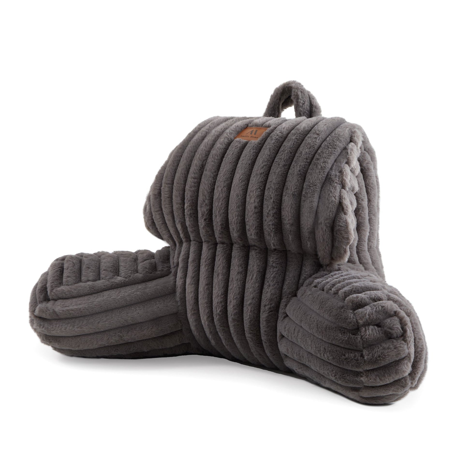 Front view of Striped Faux Fur Backrest Reading Pillow in a white background#color_Grey