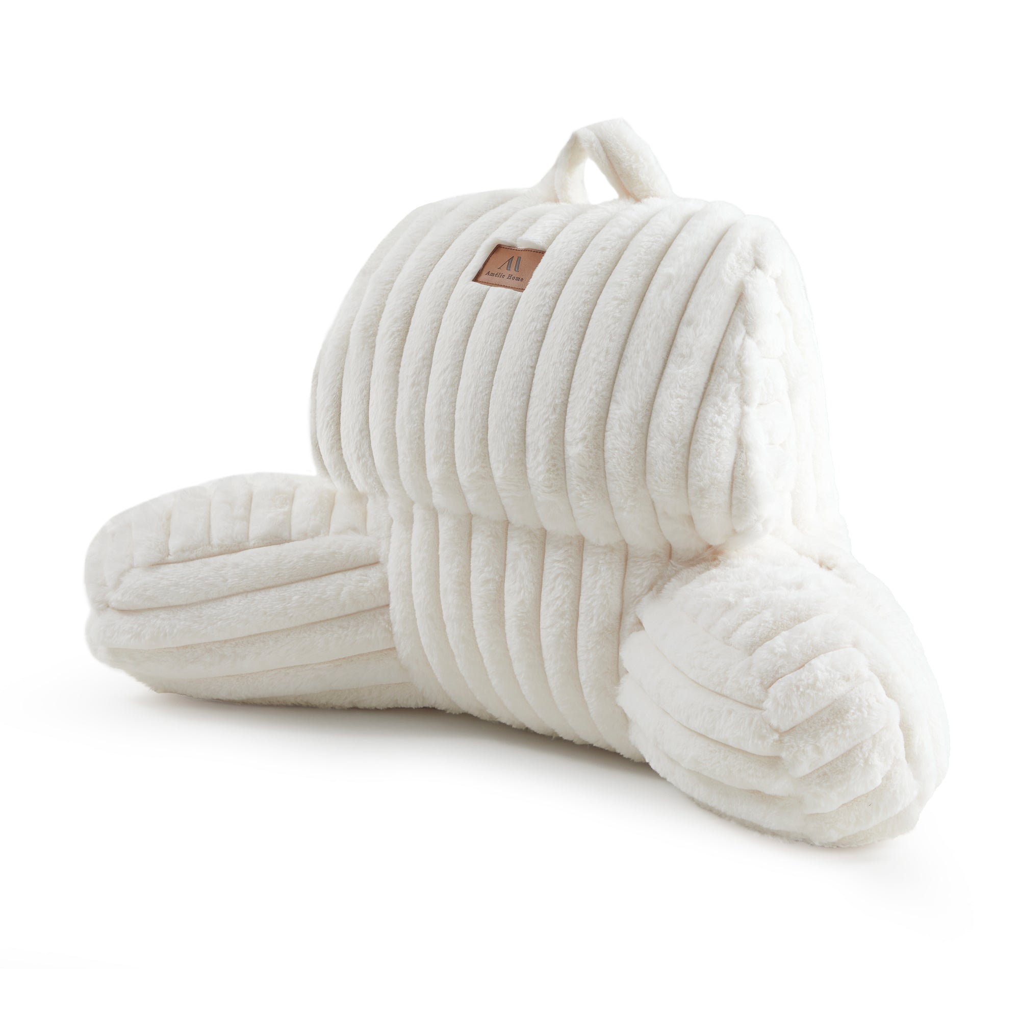 Front view of Striped Faux Fur Backrest Reading Pillow in a white background#color_Ivory