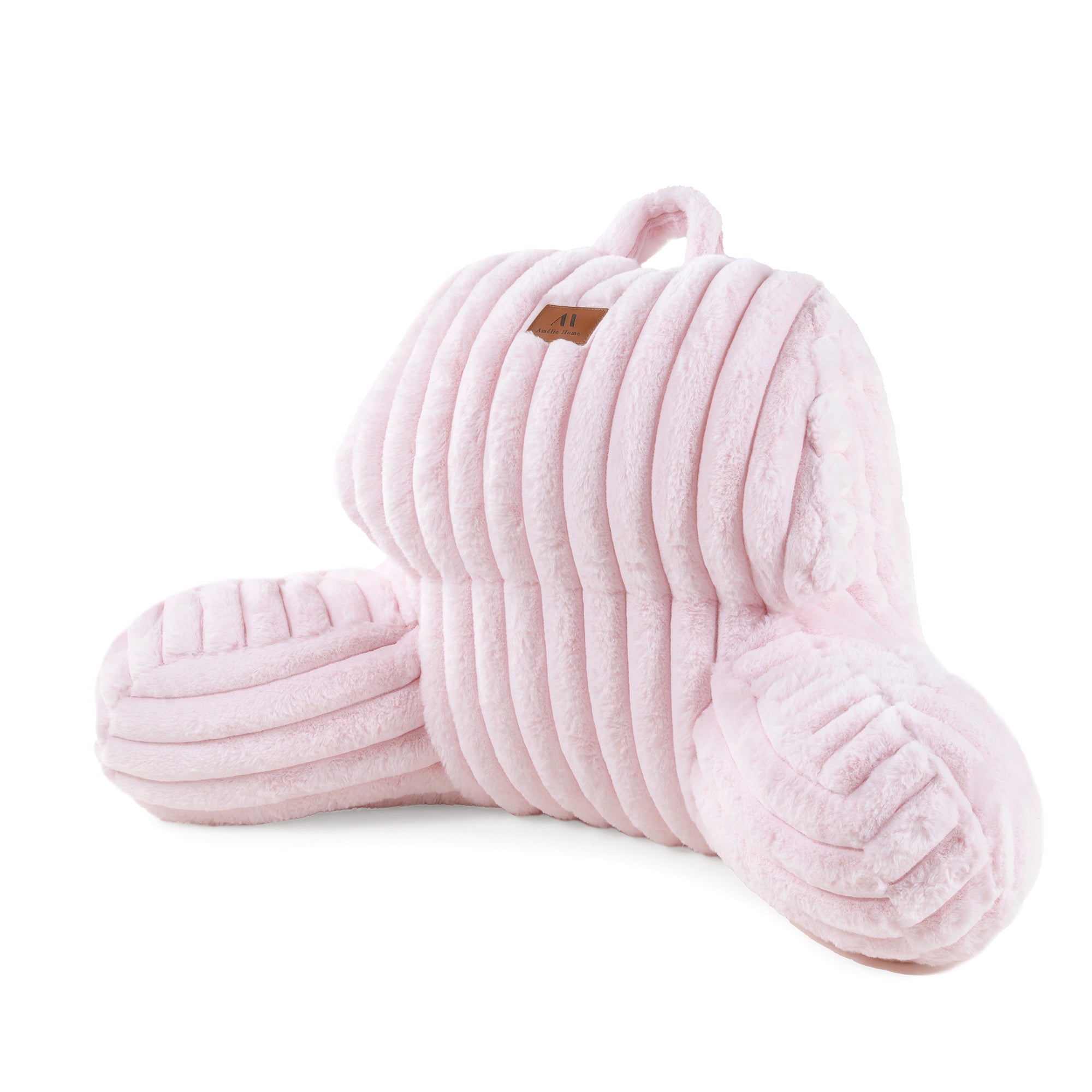 Front view of Striped Faux Fur Backrest Reading Pillow in a white background#color_Pink