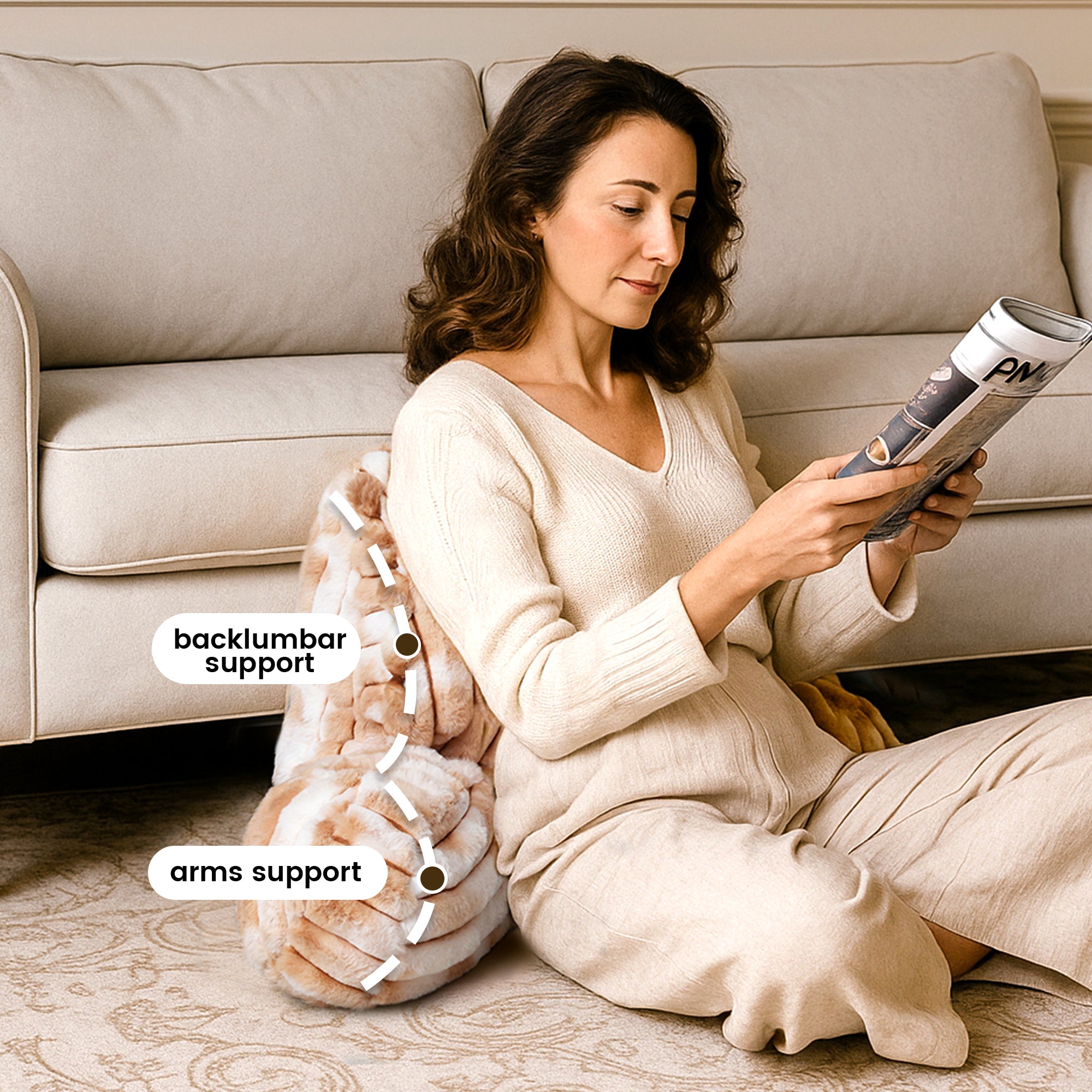 A woman sitting on the floor supported by Striped Faux Fur Backrest Reading Pillow reading a magazine#color_Khaki