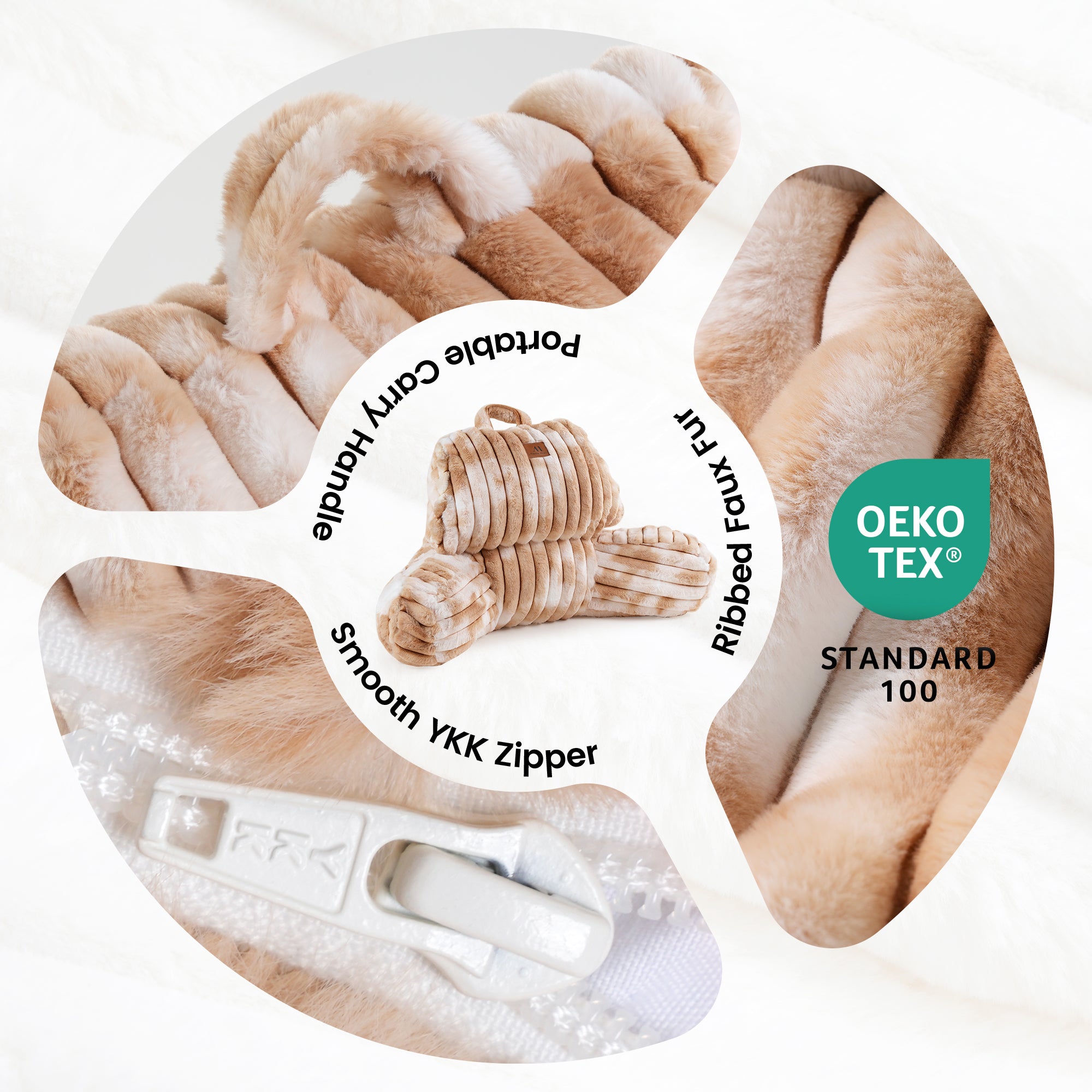 Close up of Snuggle Sac Striped Faux Fur Backrest Reading Pillow featuring the OEKO-TEX Certificate#color_Khaki