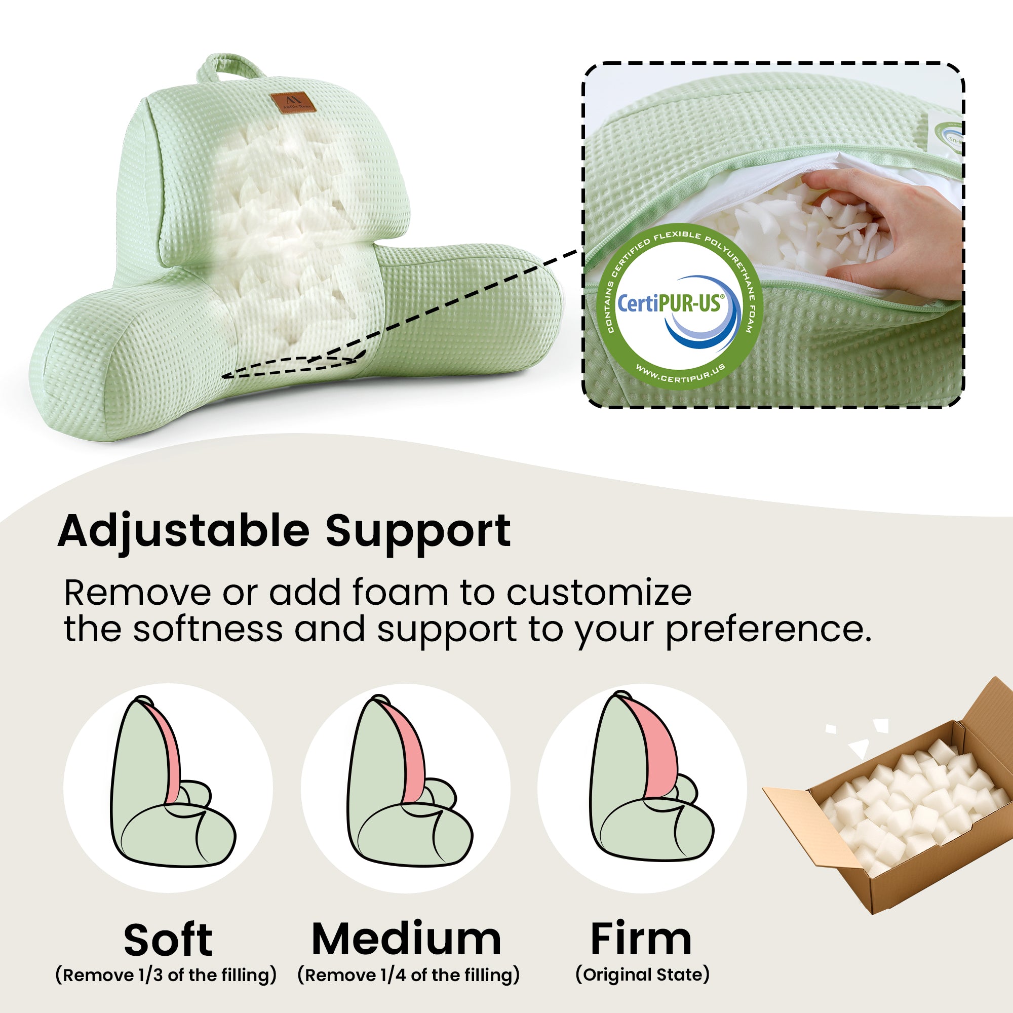 Snuggle Sac Adjustable backrest pillow with CertiPUR-US certification and instructions on foam removal for soft, medium, and firm settings.#Color_Sage Green