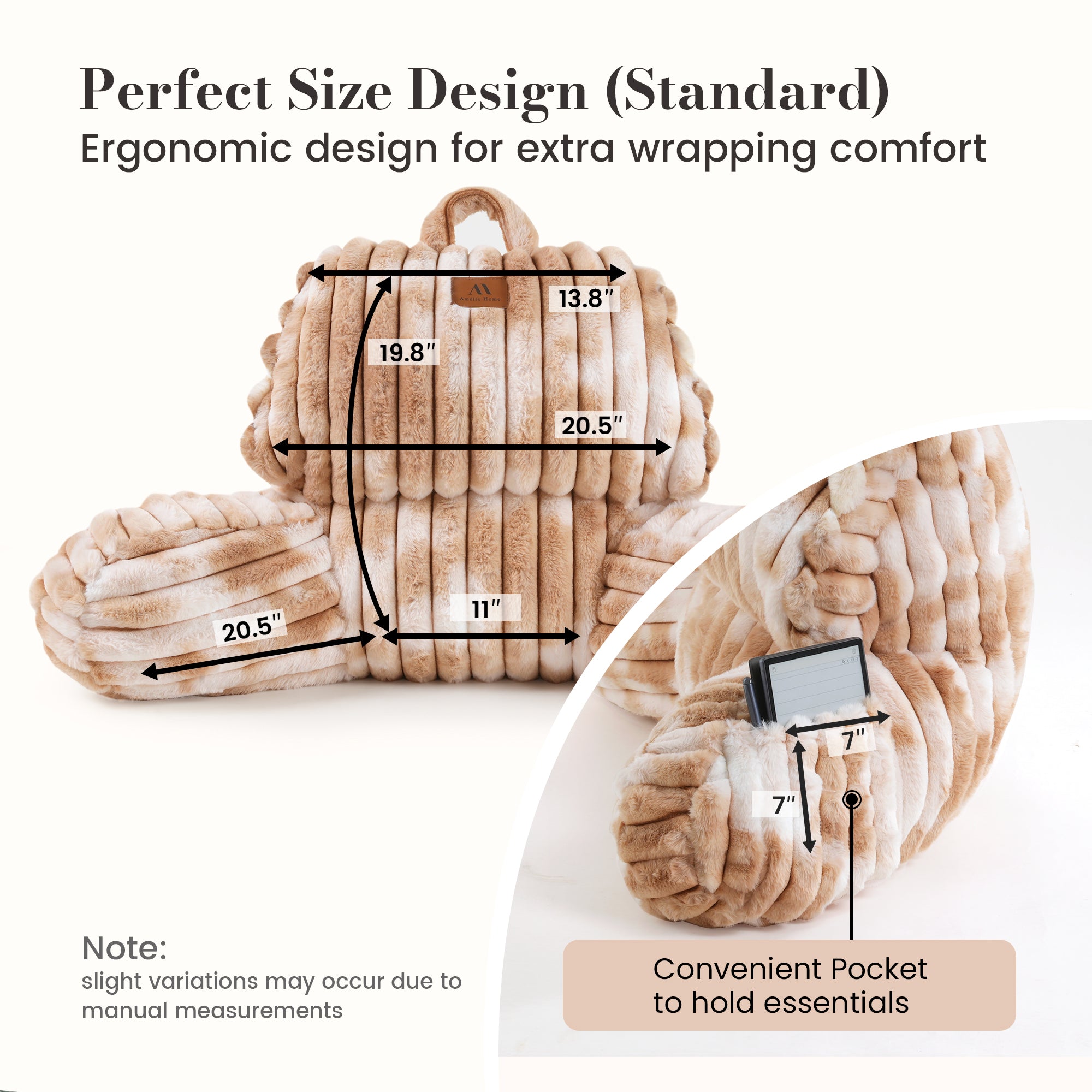 Snuggle Sac Striped Faux Fur Backrest Reading Pillow featuring the perfect size design for wrapping comfort and convenience pocket to hold essentials#color_Khaki