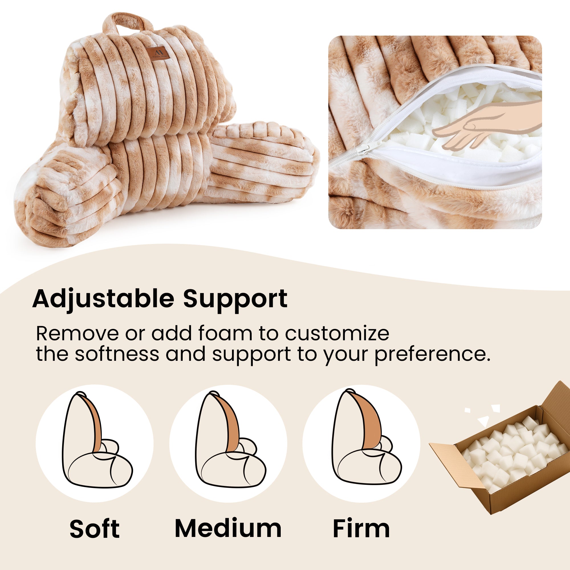 Snuggle Sac Striped Faux Fur Backrest Reading Pillow featuring the adjustable support that is customizable to preferences#color_Khaki