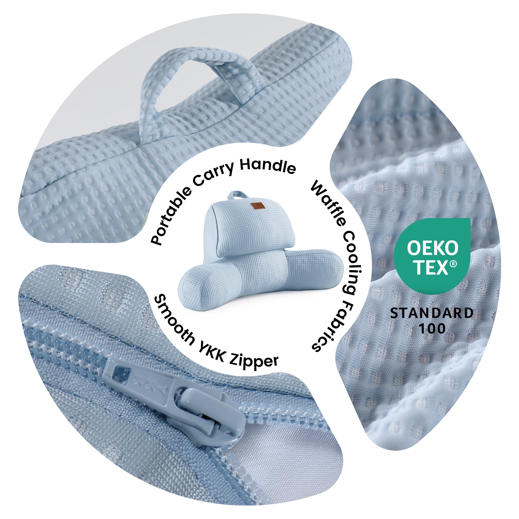 Design details of Snuggle Sac backrest pillow, portable carry handle, waffle cooling fabric and smooth zipper.#Color_Blue