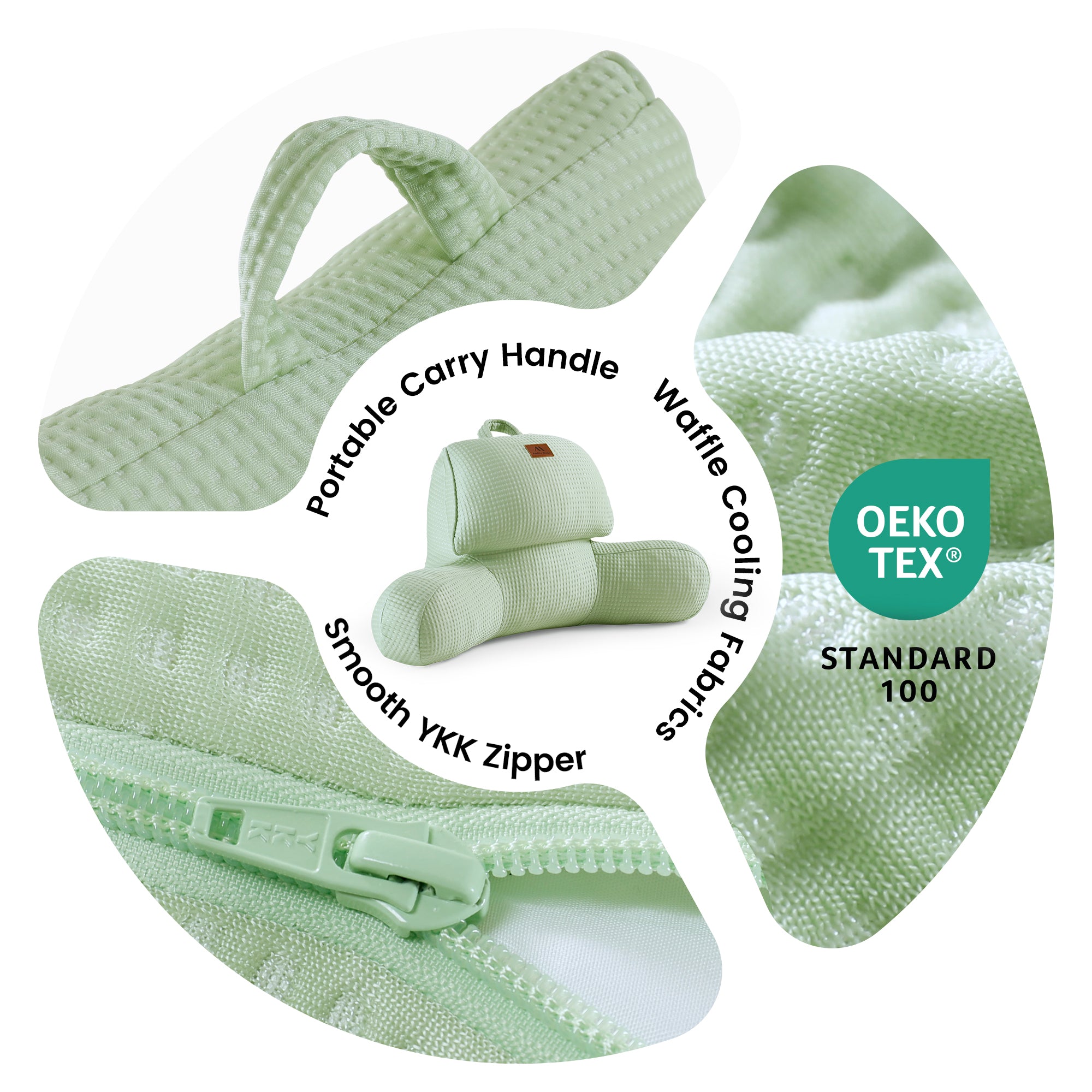 Design details of Snuggle Sac backrest pillow, portable carry handle, waffle cooling fabric and smooth zipper.#Color_Sage Green