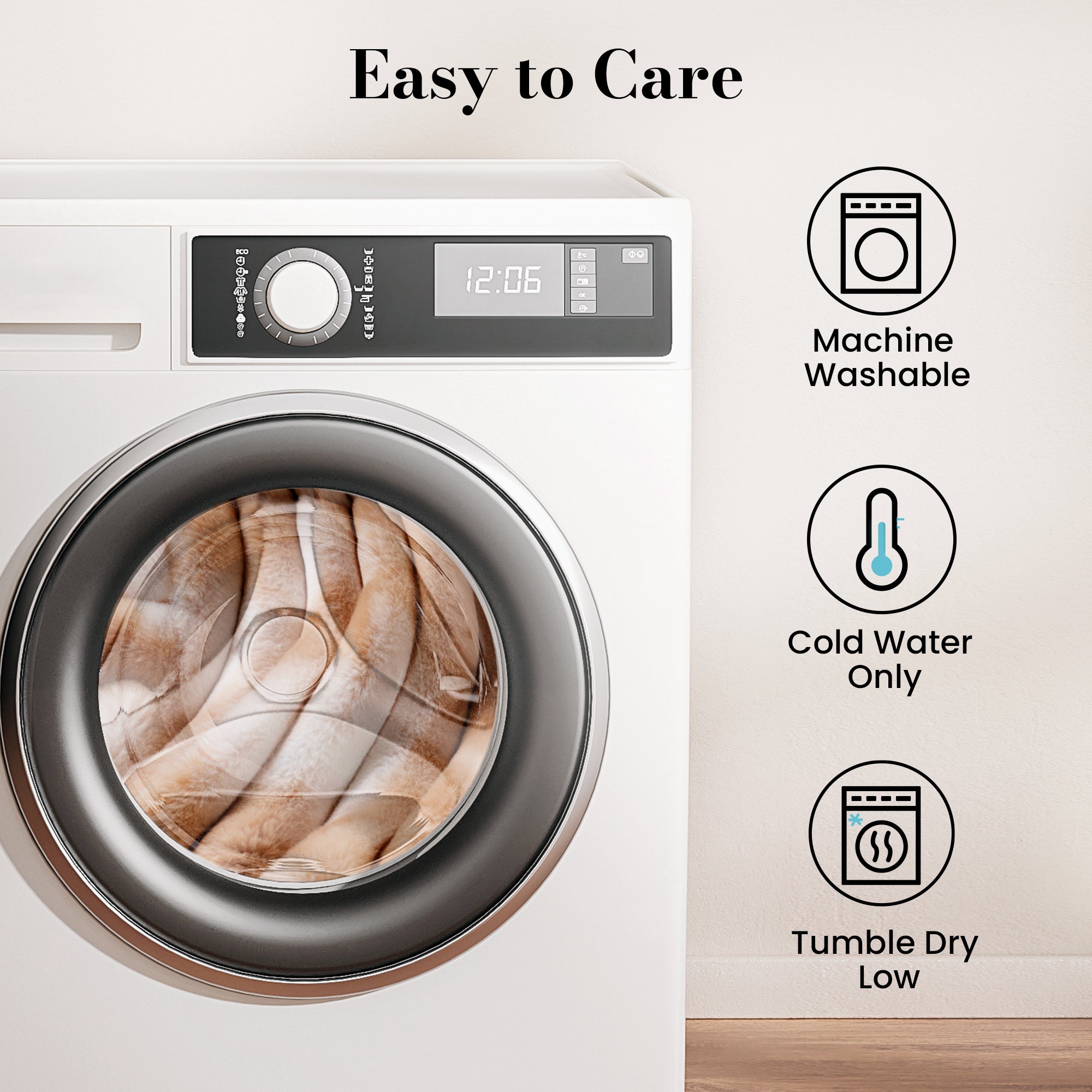 Snuggle Sac Striped Faux Fur Backrest Reading Pillow in a laundry machine showing the instructions of how to easy care the product #color_Khaki