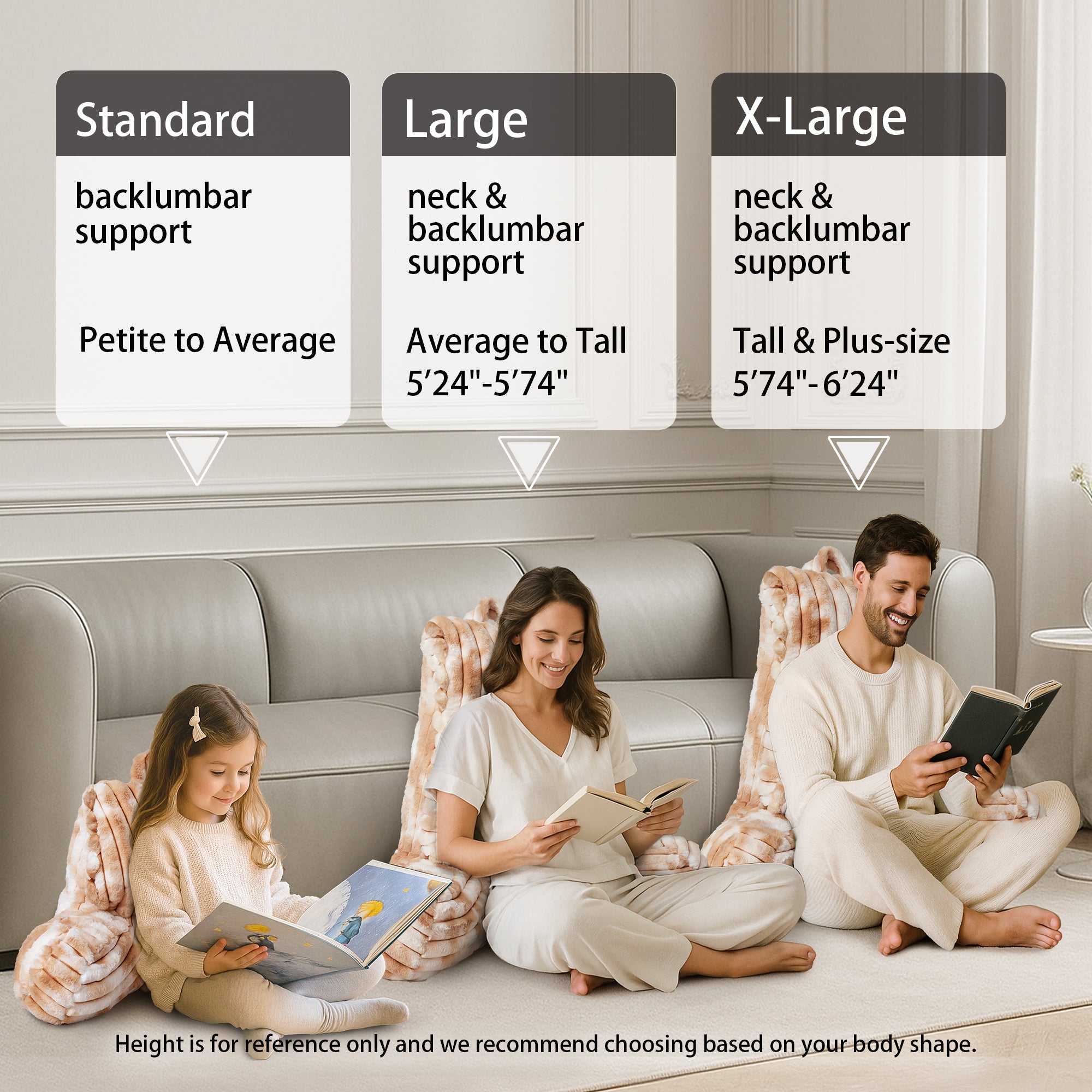 3 people sitting down with Snuggle Sac Striped Faux Fur Backrest Reading Pillow showing the difference in sizes#color_Khaki