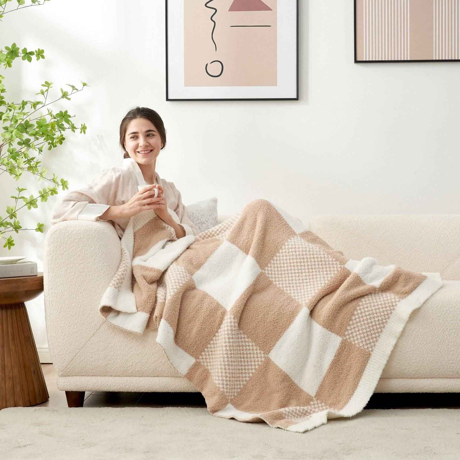 Checkered Throw Blanket - Snuggle Sac - #Color_Beige
