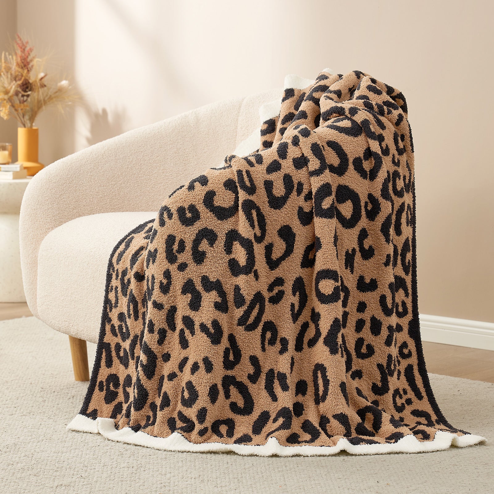 SnugCozy Reversible Leopard Feather Yarn Throw Blanket