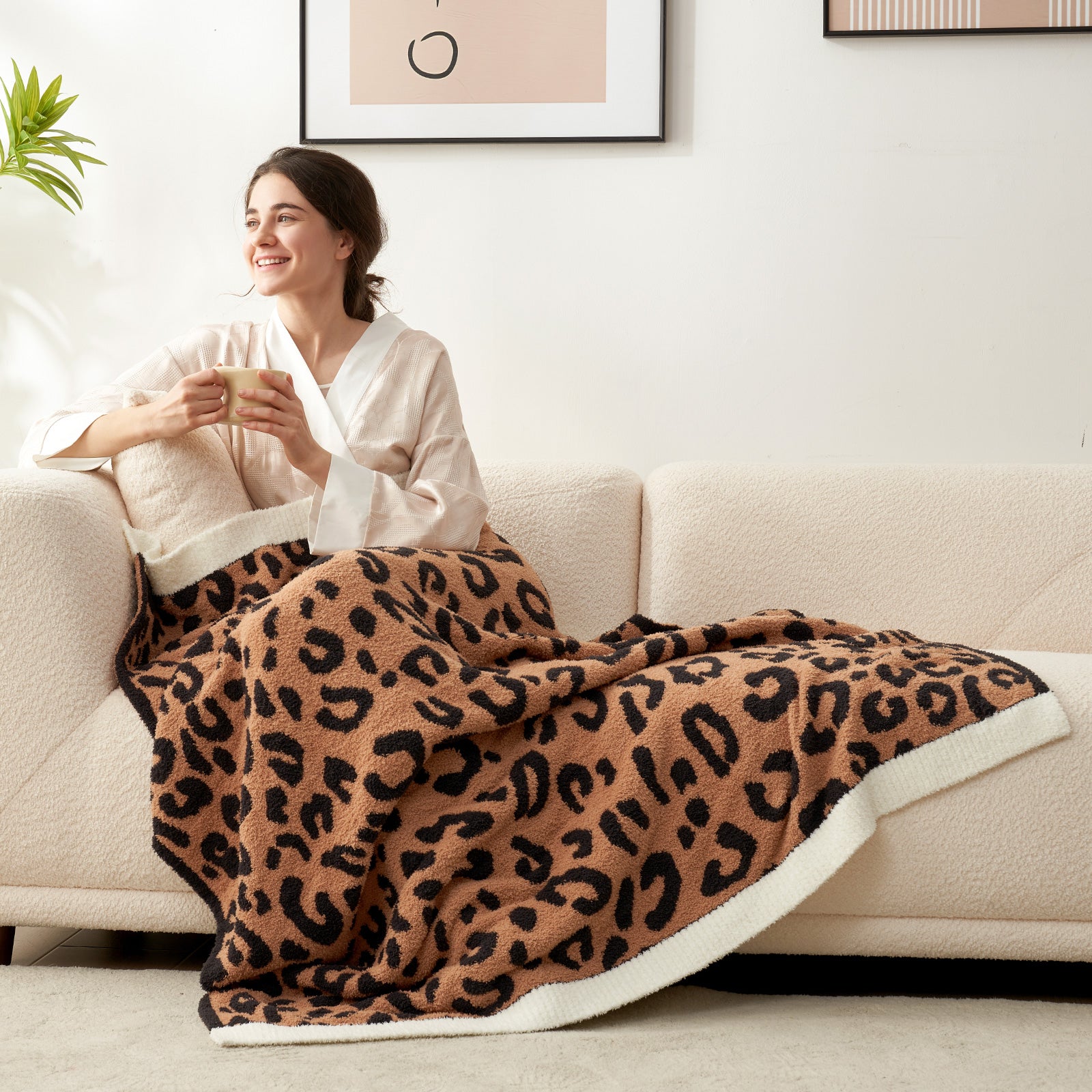 SnugCozy Reversible Leopard Feather Yarn Throw Blanket