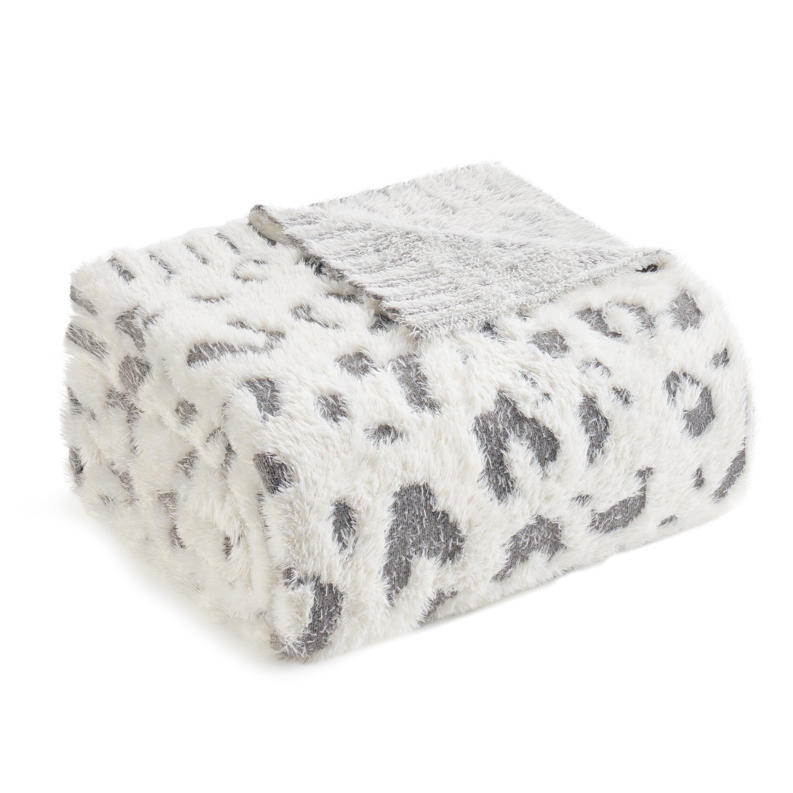 Snuggle Sac leopard faux fur knit throw blanket in Grey Leopard folded front view #color_Grey Leopard