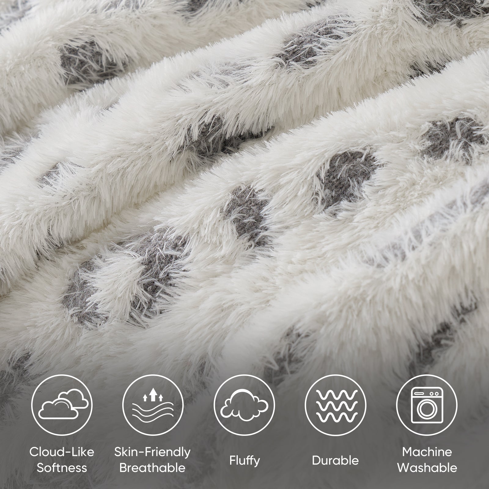 Close up of leopard faux fur knit throw blanket in Grey Leopard, highlighting cloud-like softness, breathable fabric, durability, and machine washable features #color_Grey Leopard