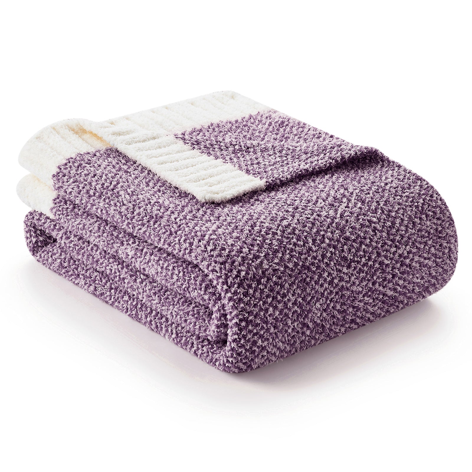 Folded purple blanket with white and beige stripes on a white background #color_Heather Purple