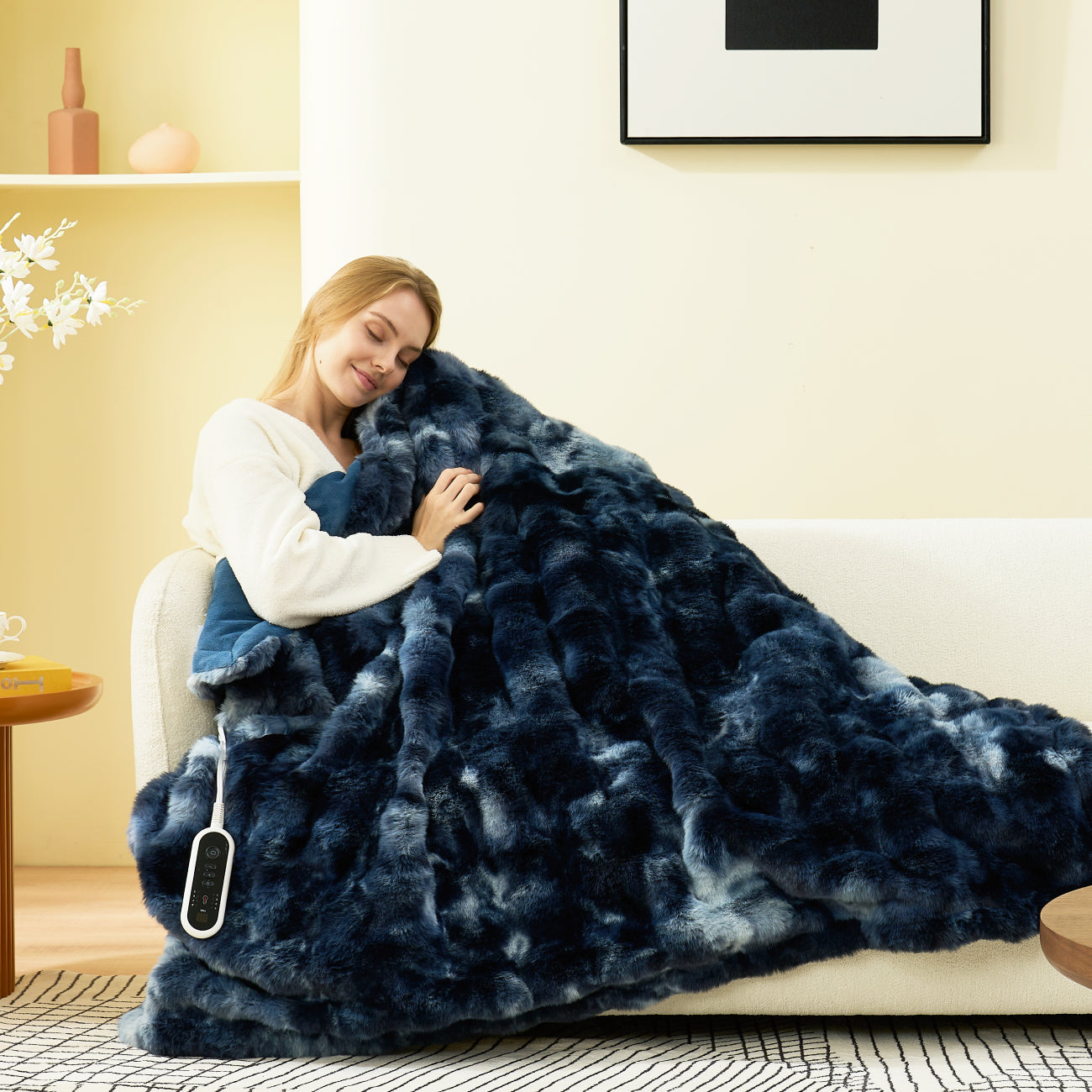 Woman wrapped in a large blue blanket with a remote control in a cozy living room. #color_Tie-dye Blue