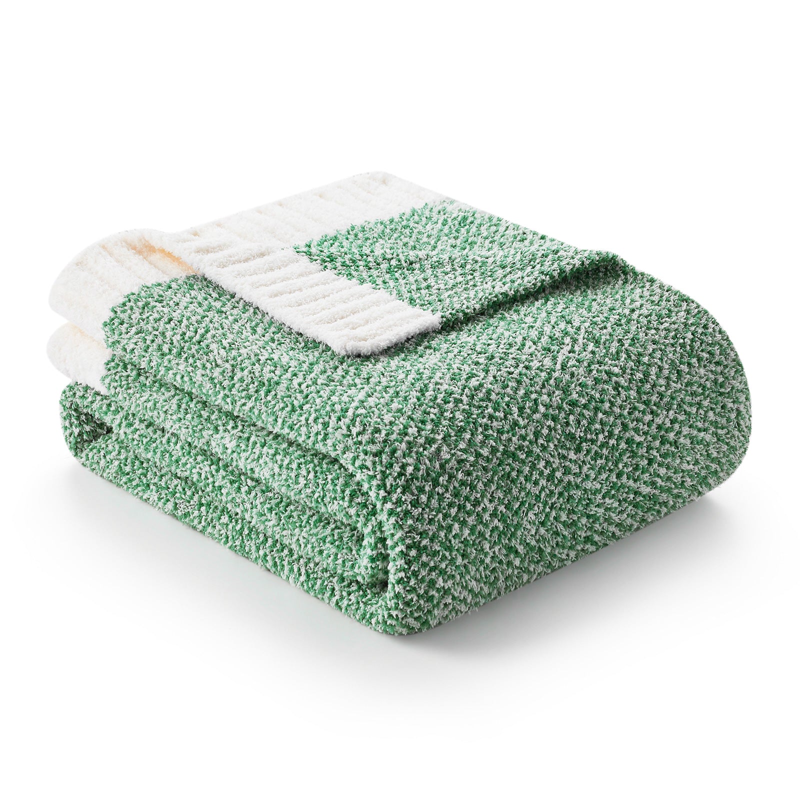 Folded green and white blanket on a white background #Color_Heather Green
