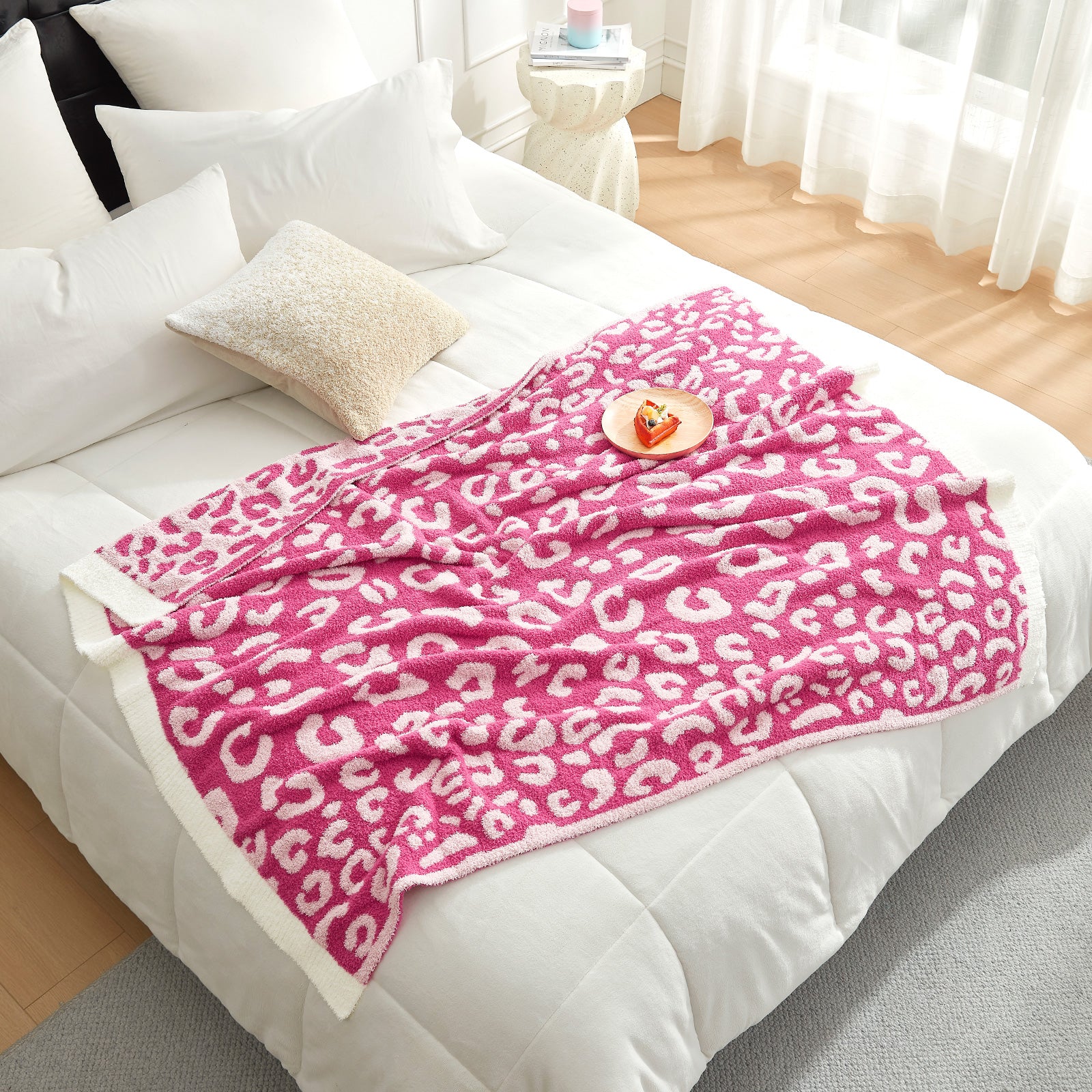 SnugCozy Reversible Leopard Feather Yarn Throw Blanket