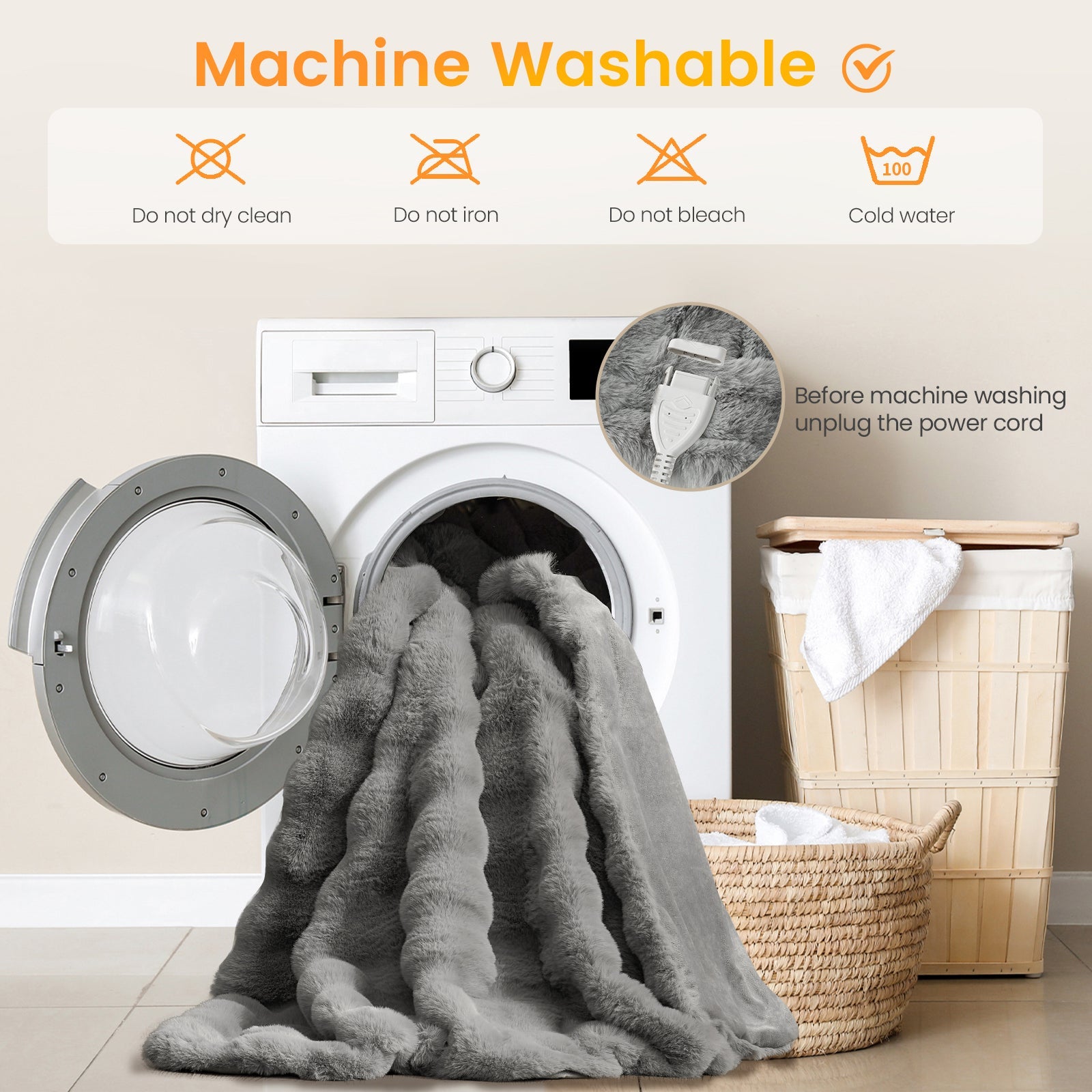 Washing machine with gray fabric inside, next to a wooden basket with white towels, on a light background. #color_Light Grey
