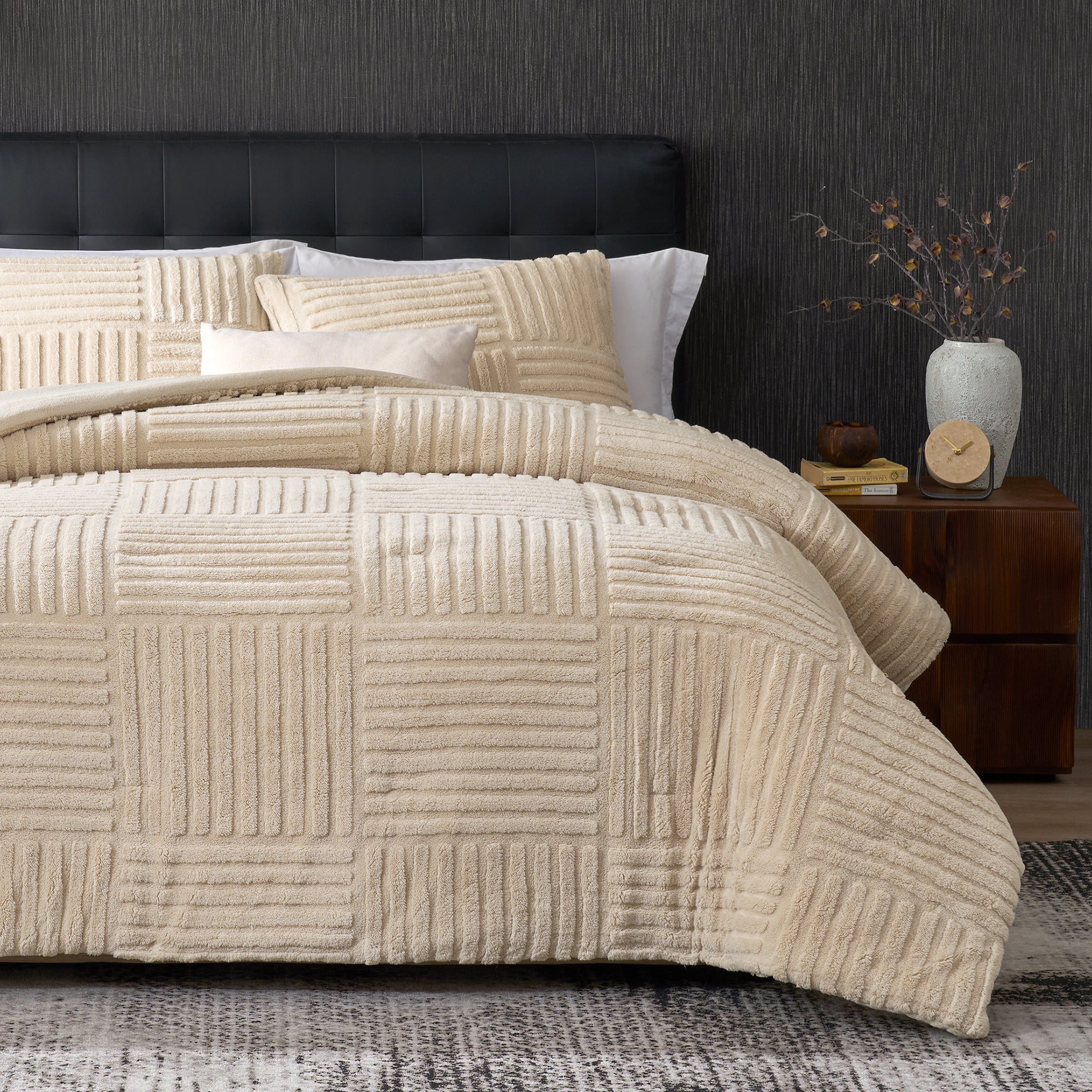 Snuggle Sac Winter Stripe Jacquard Design Comforter Set in khaki on bed#color_Khaki
