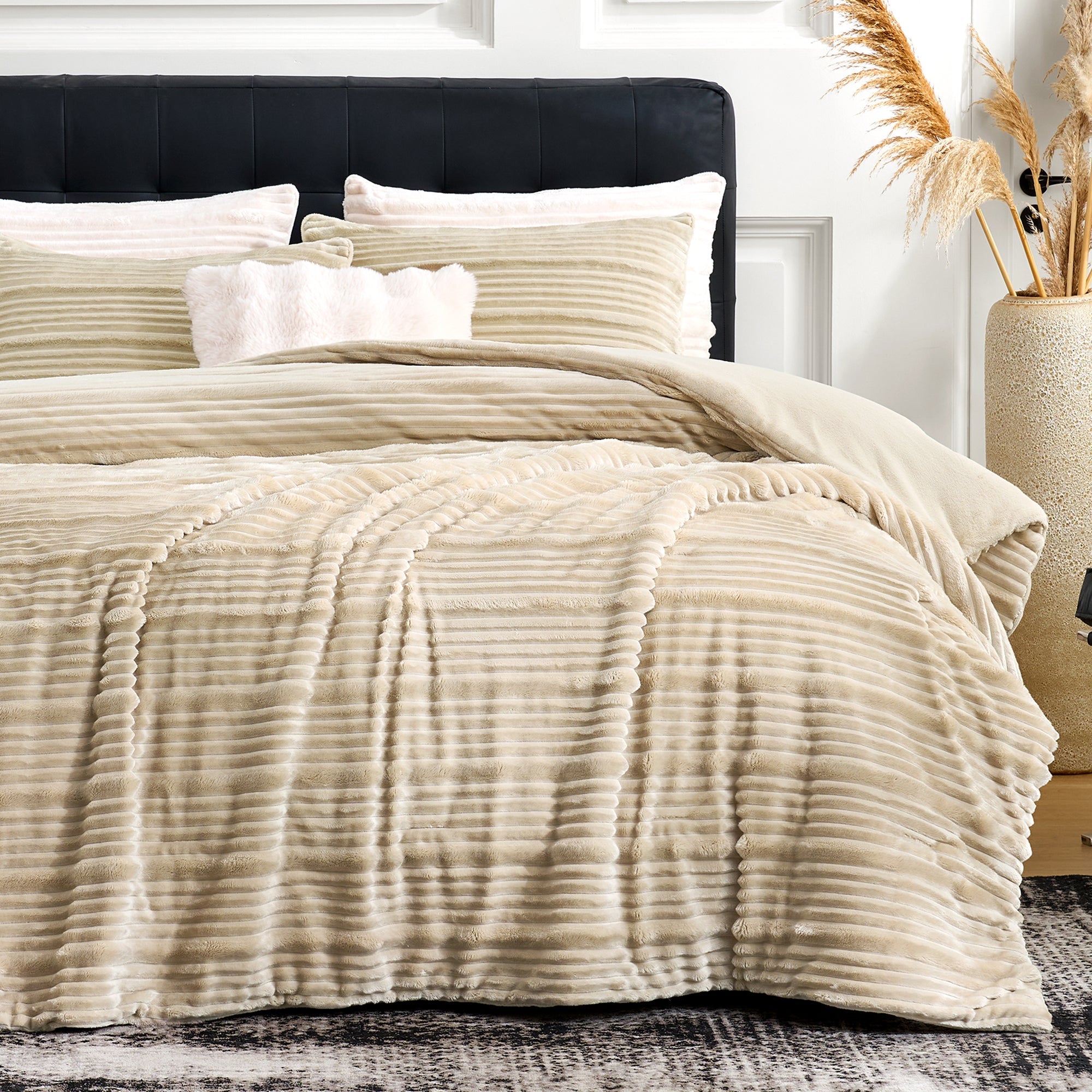Snuggle Sac Winter Striped Flannel Fleece Comforter Set in beige on bed#color_Beige