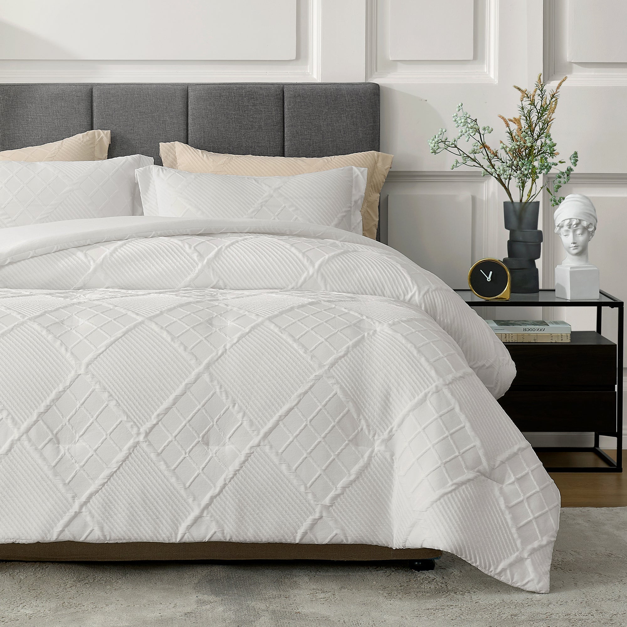 Snuggle Sac All-Season Jacquard Windowpane Comforter Set in off white on bed in a bedroom with plants and furnitures#color_Off White