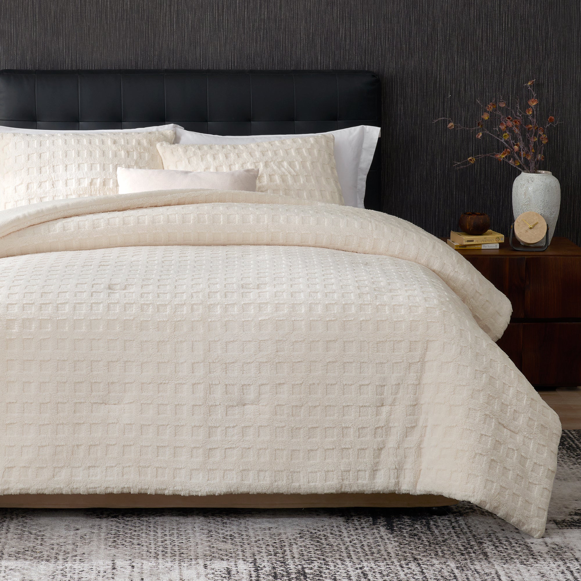 Snuggle Sac Winter Jacquard Cuddle Soft Waffle Comforter Set in beige on bed#color_Beige