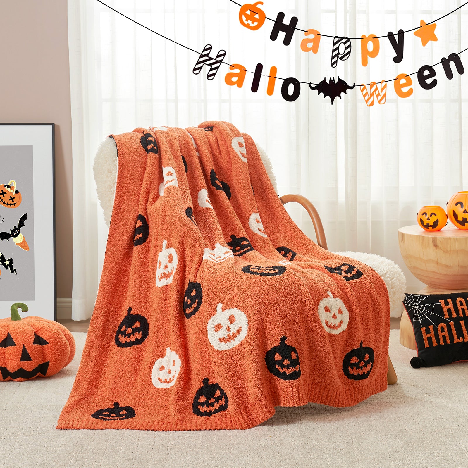 Reversible Pumpkin Bat Throw Blanket