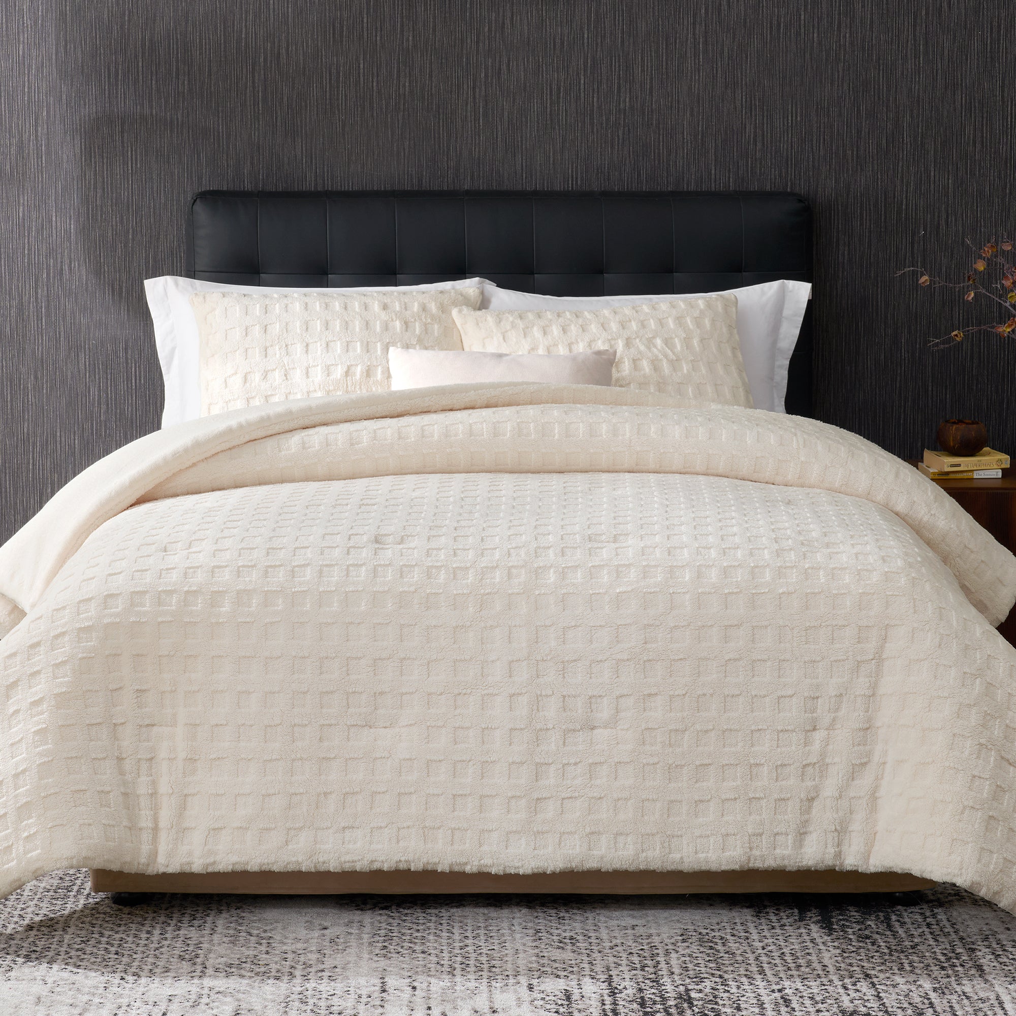 Snuggle Sac Winter Jacquard Cuddle Soft Waffle Comforter Set in beige on bed#color_Beige