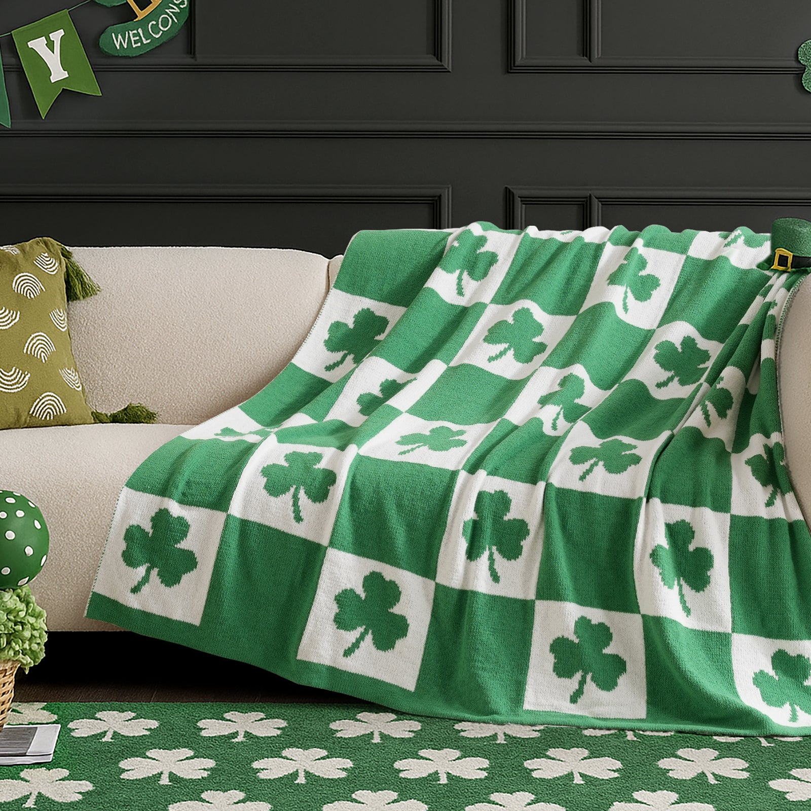 SnugCozy Lucky Shamrock Chenille Knit Throw Blanket