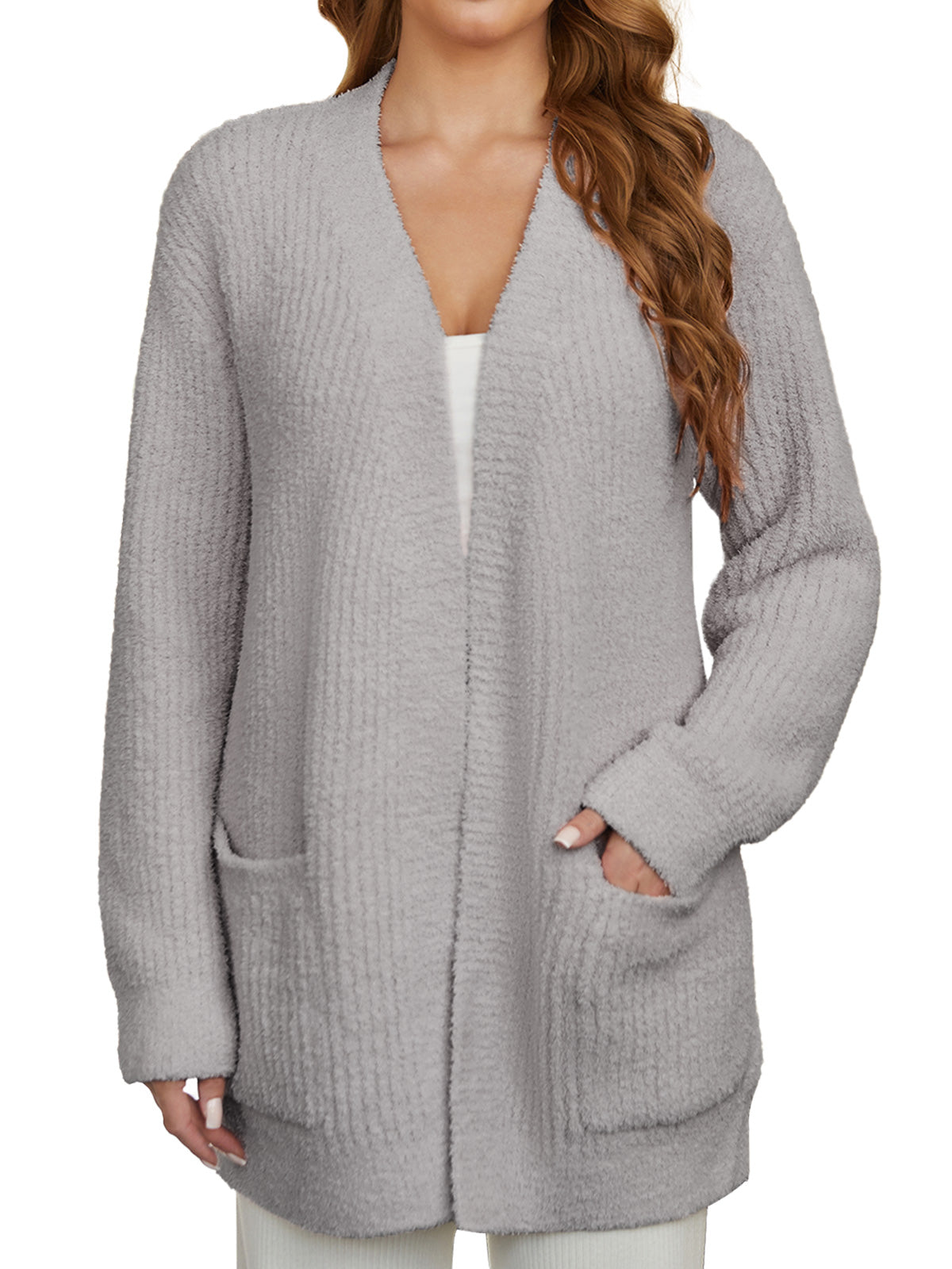 Gray cardigan worn by a person on a white background #color_Grey