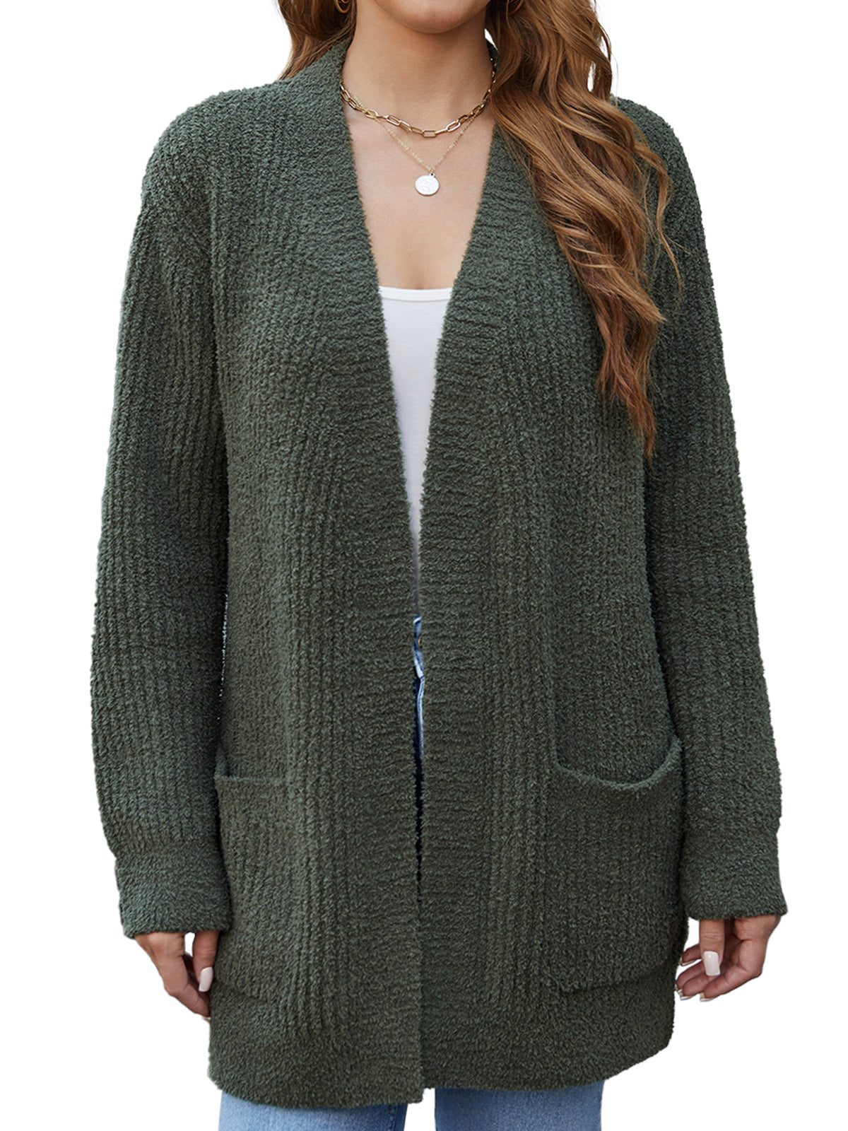 Green cardigan worn by a person on a white background #color_Army Green