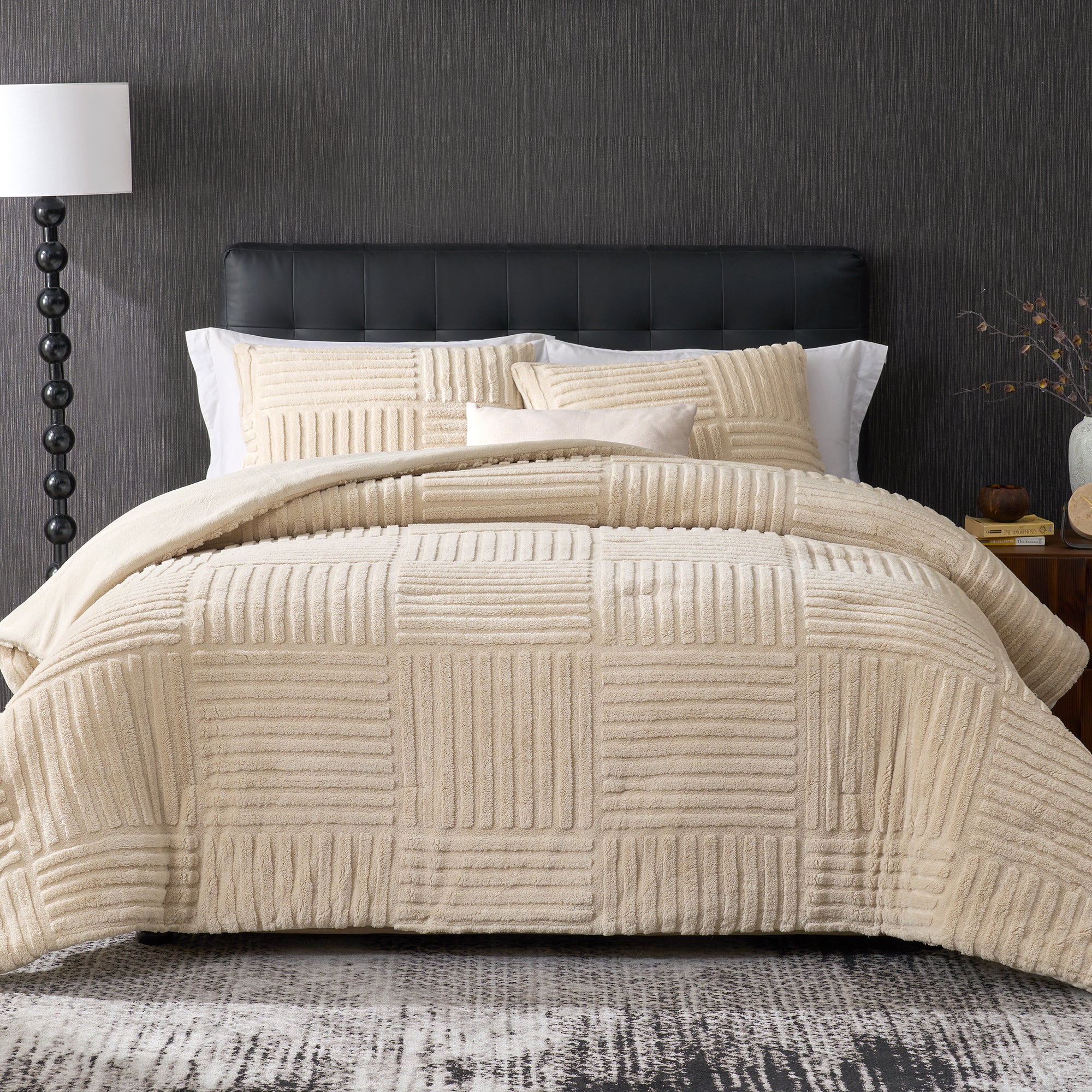 Snuggle Sac Winter Stripe Jacquard Design Comforter Set in khaki on bed#color_Khaki