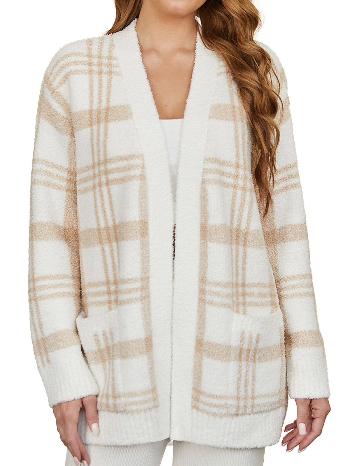 Woman wearing a white and beige plaid cardigan on a white background  #color_Checkered Beige