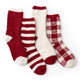 Women checkered and striped socks 4 pairs in Red front view showcasing cozy fuzzy fabric and assorted styles #color_Red