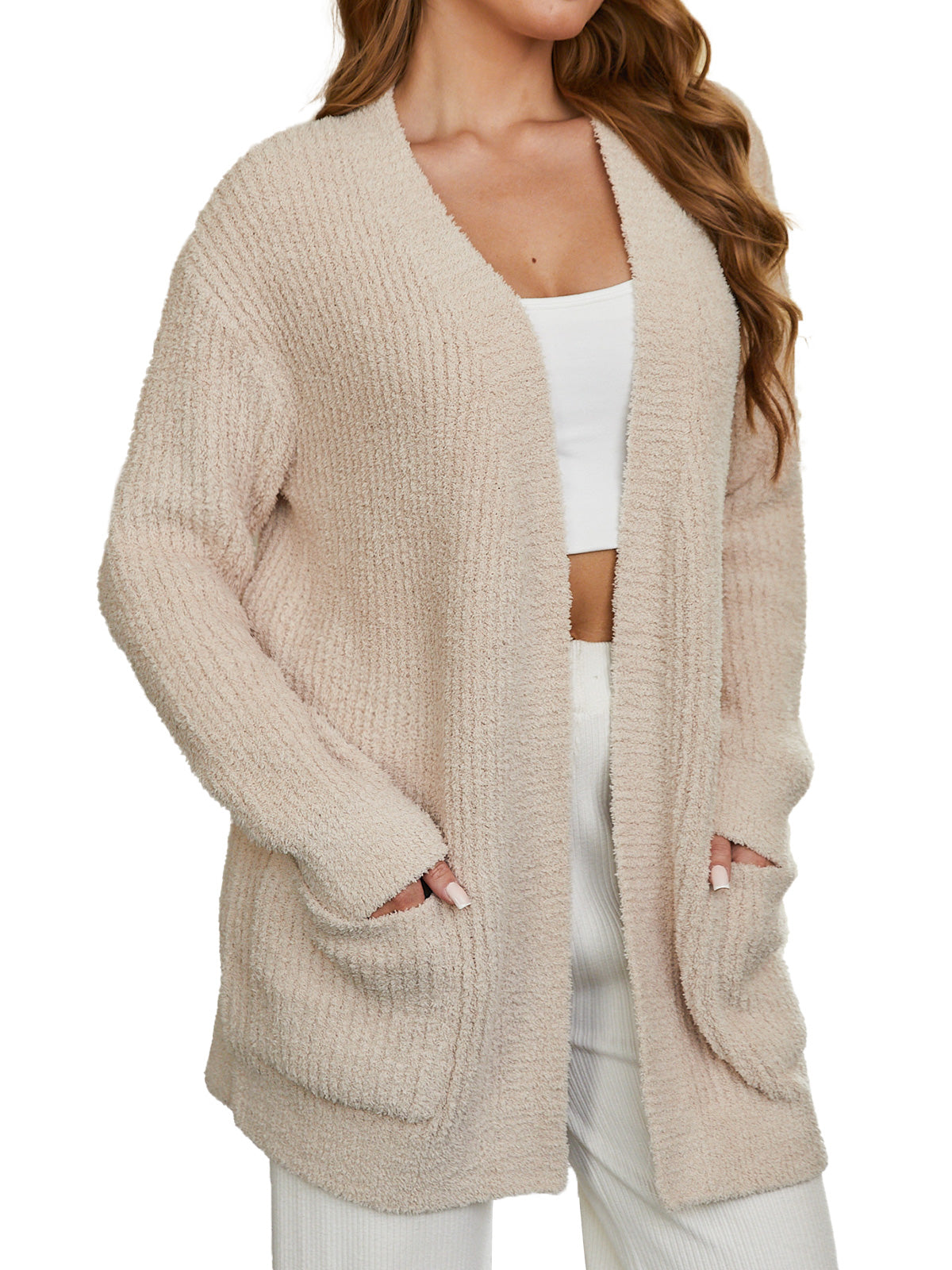 Beige cardigan worn by a person on a white background #color_Beige