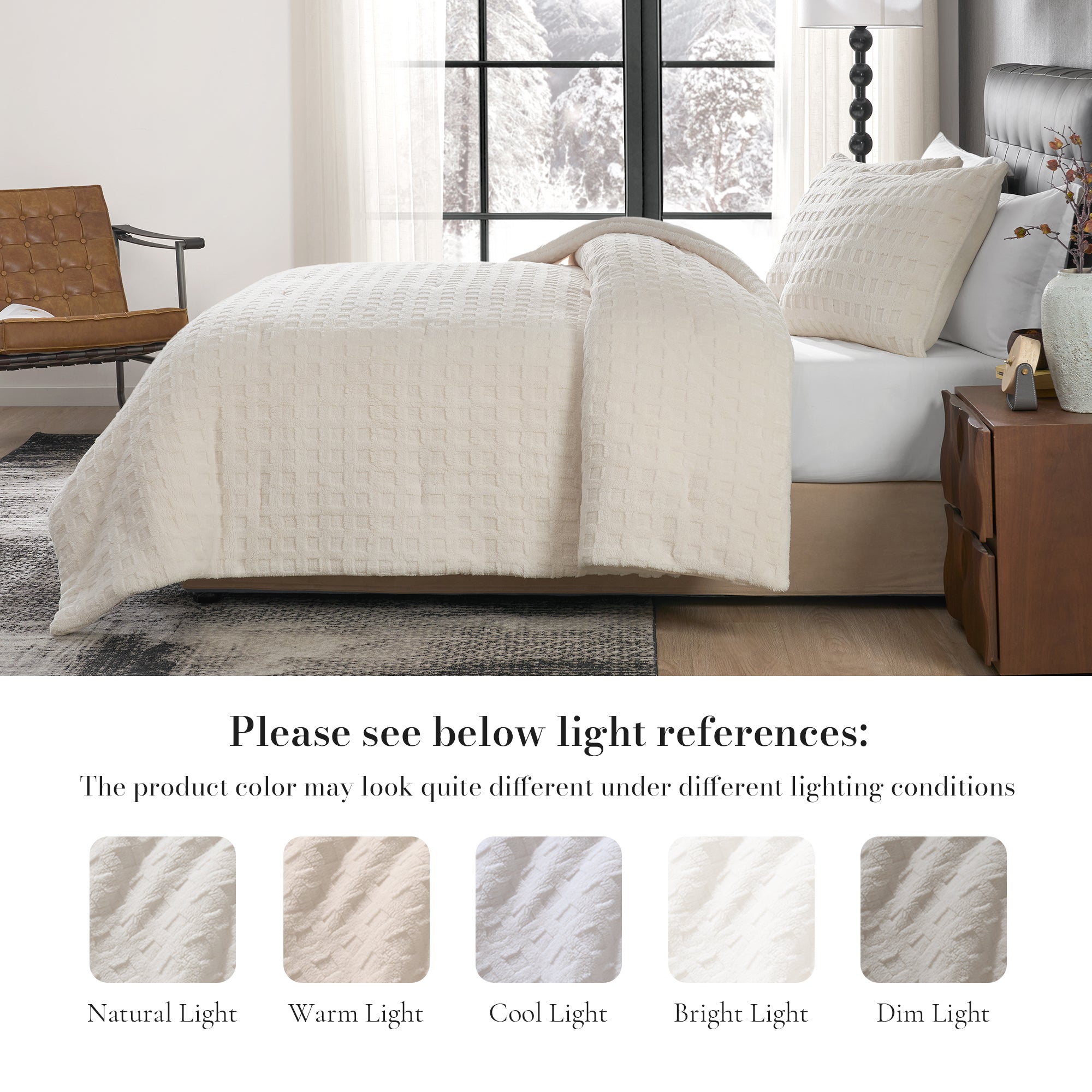 Side view of Snuggle Sac Winter Jacquard comforter with different lighting references#color_Beige