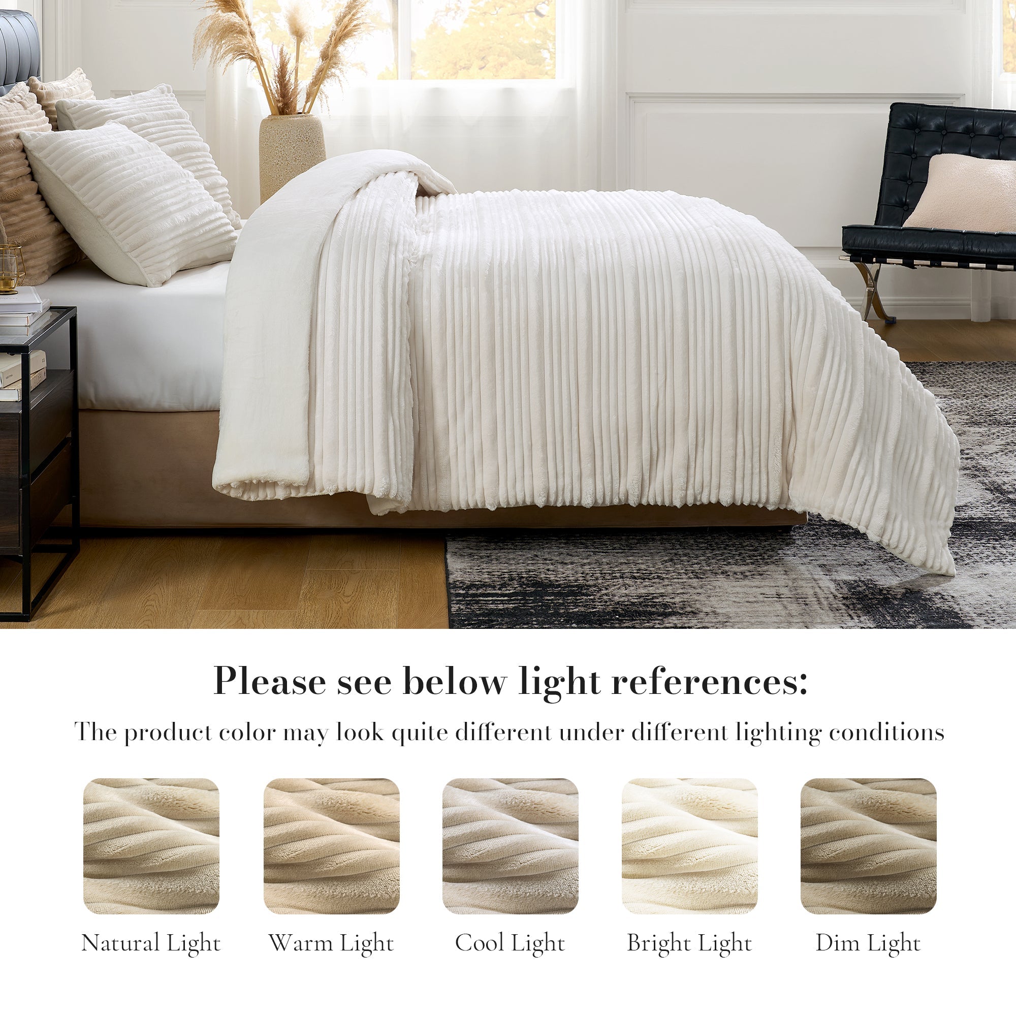 White textured blanket on a bed with light references displayed below.#color_Ivory