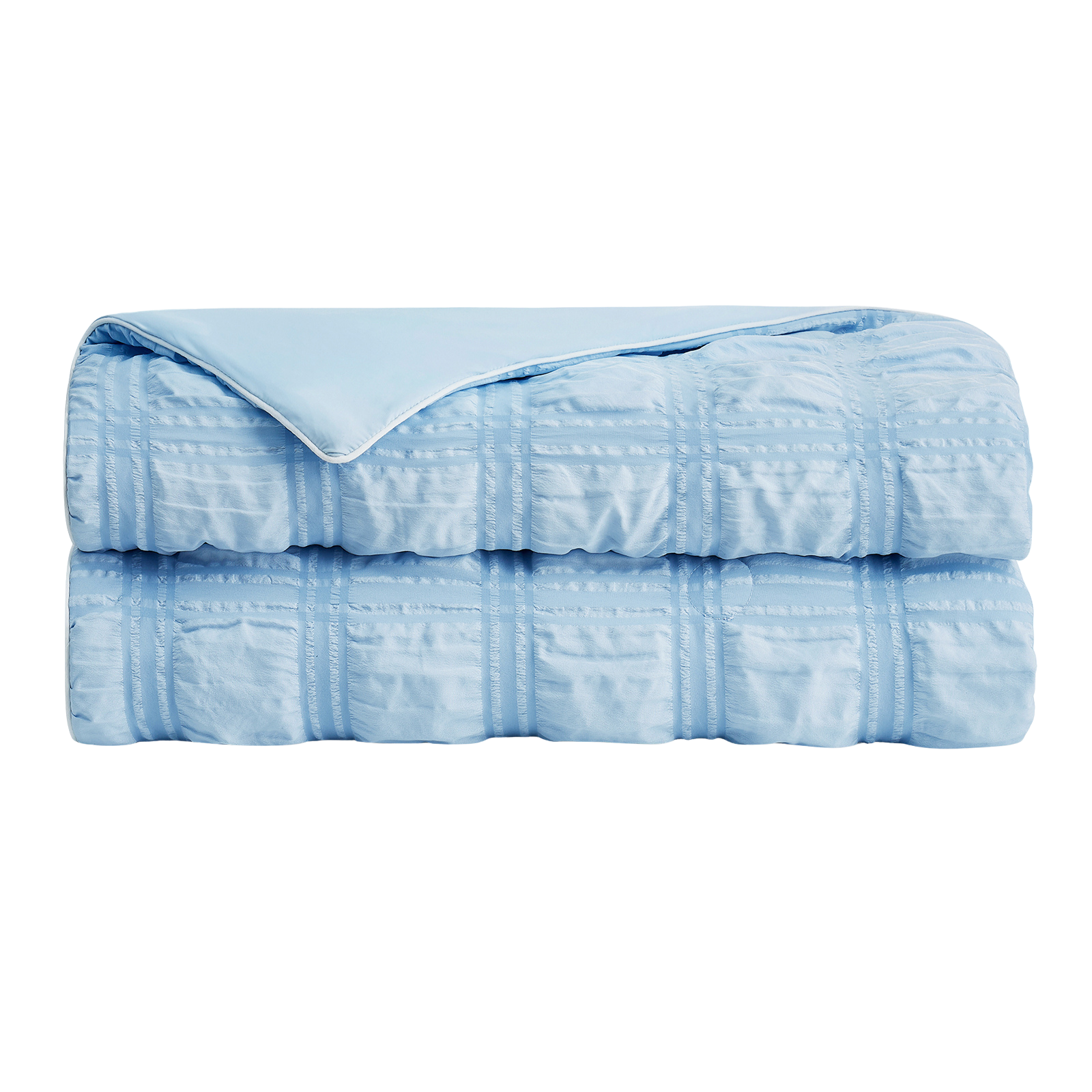 Folded Snuggle Sac Seersucker Plaid Cooling Comforter#color_Blue