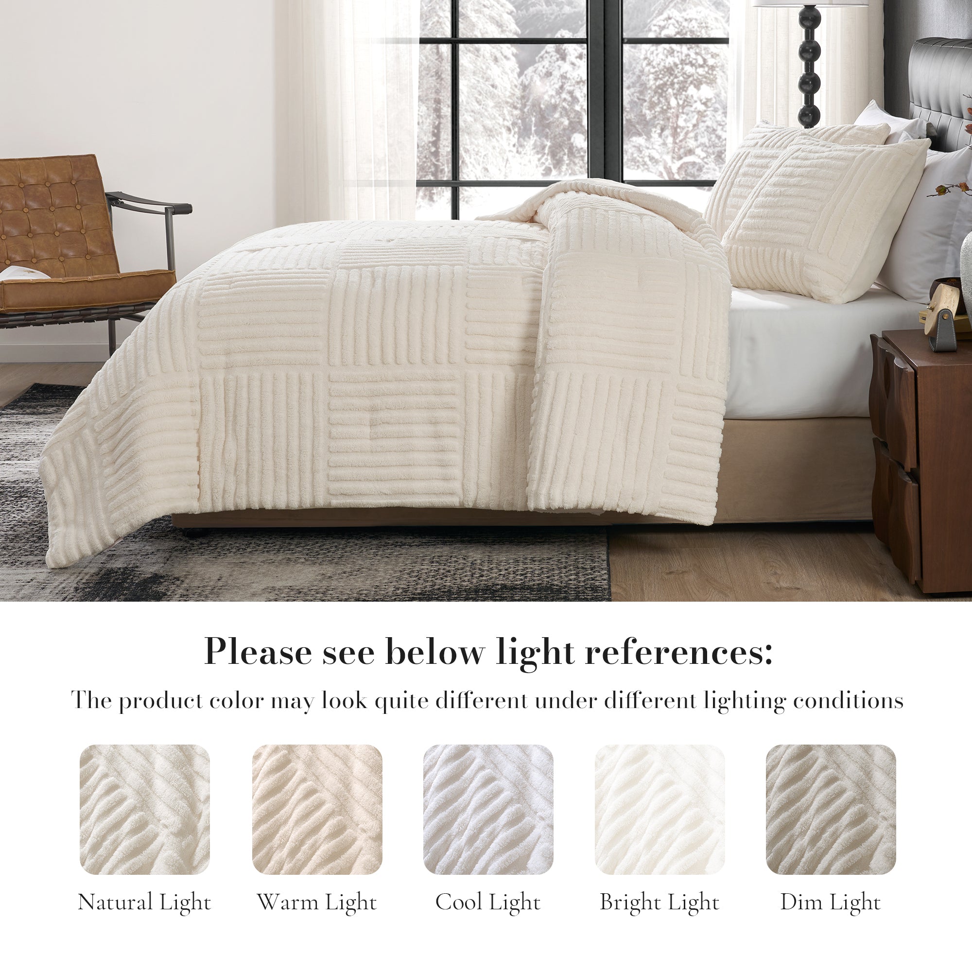 Beige quilt on a bed in a bedroom with light references displayed below.#color_Beige